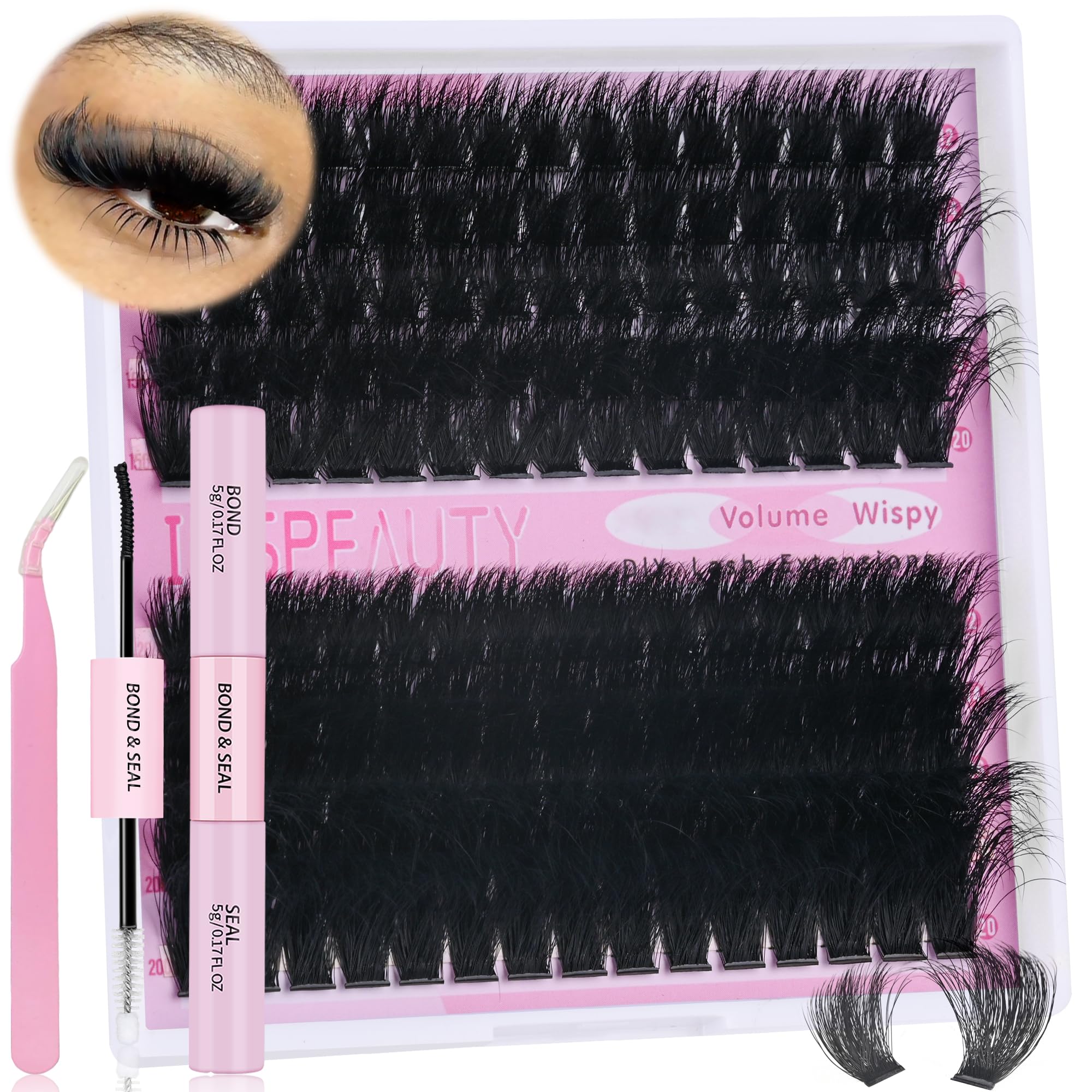 Lash Clusters Kit 150D 200D Thick Lash Clusters Eyelash Extension Kit 12-20mm Individual Lashes Kit with Lash Bond