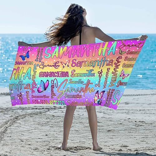 Miniatura 2 de Toalla de playa personalizada para niñas, toalla de mariposa colorida personalizada con nombre único, texto inicial, toalla de baño personalizada de