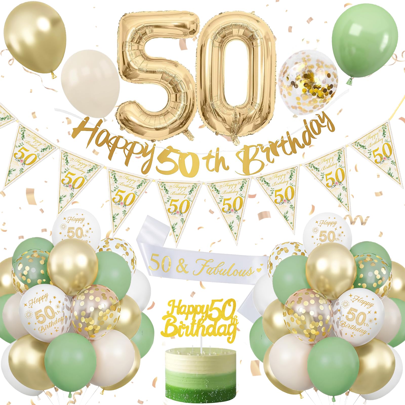50th Birthday Decoration Sage Green, Green White Gold Birthday Decorations for 50 Year Old, Number 50 Balloons with Banner, Cake Decoration for Women and Men, 50 Year Old Birthday Decoration