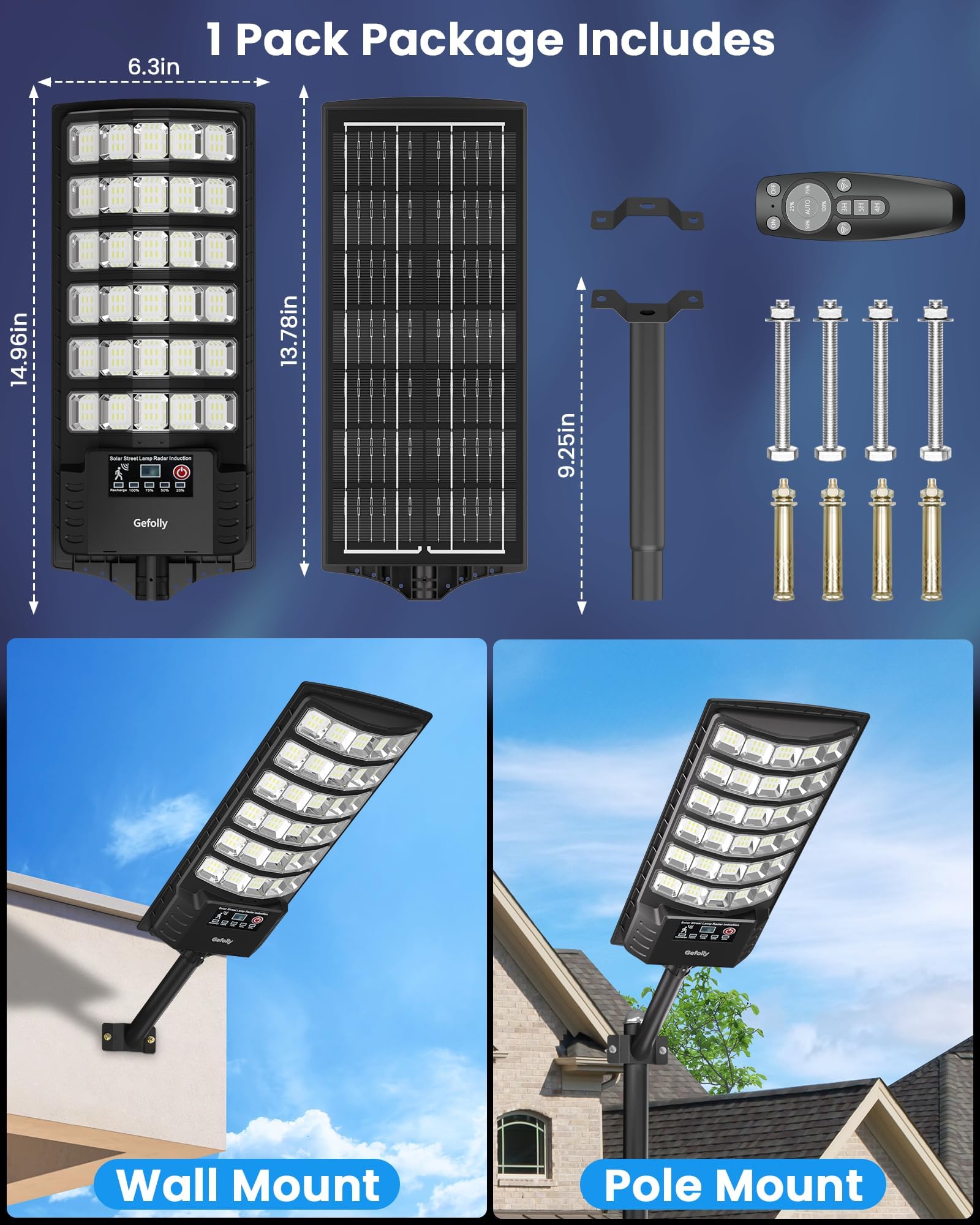 Gefolly Solar Straßenlaterne mit Fernbedienung, IP67 Wasserdichte Solarlampen für Außen mit Bewegungssensor, 6500K Solarleuchten Superhelles LED Solar Strahler Außen für Gärten Garage Straßen-2Pack