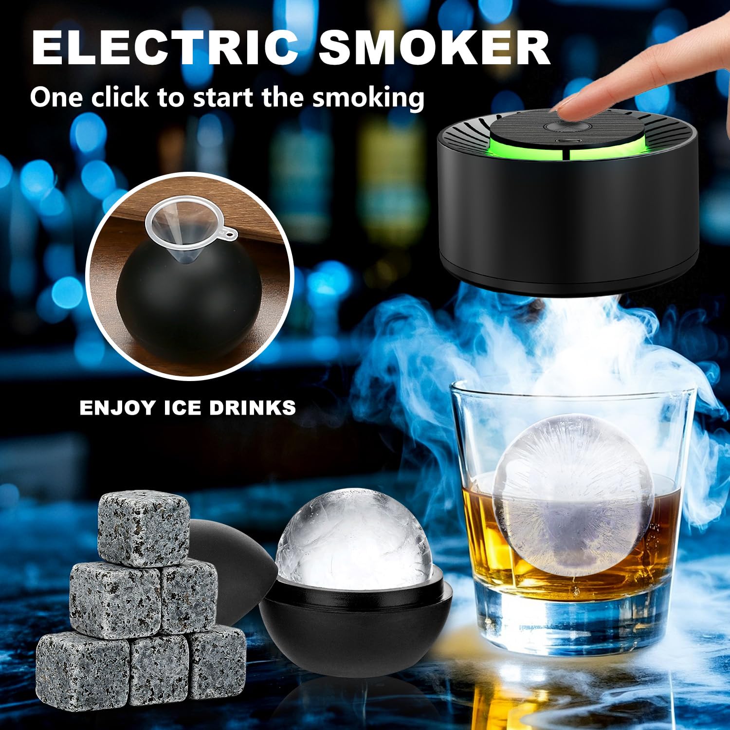 Papa Geschenk, Elektrisches Whisky Smoker Set-6 Holzspänen, 6 Whisky Steine, Eisball-Form, Wiederaufladbare Whiskey Smoker Set, Cocktail Smoker Kit for Husband, Boyfriend