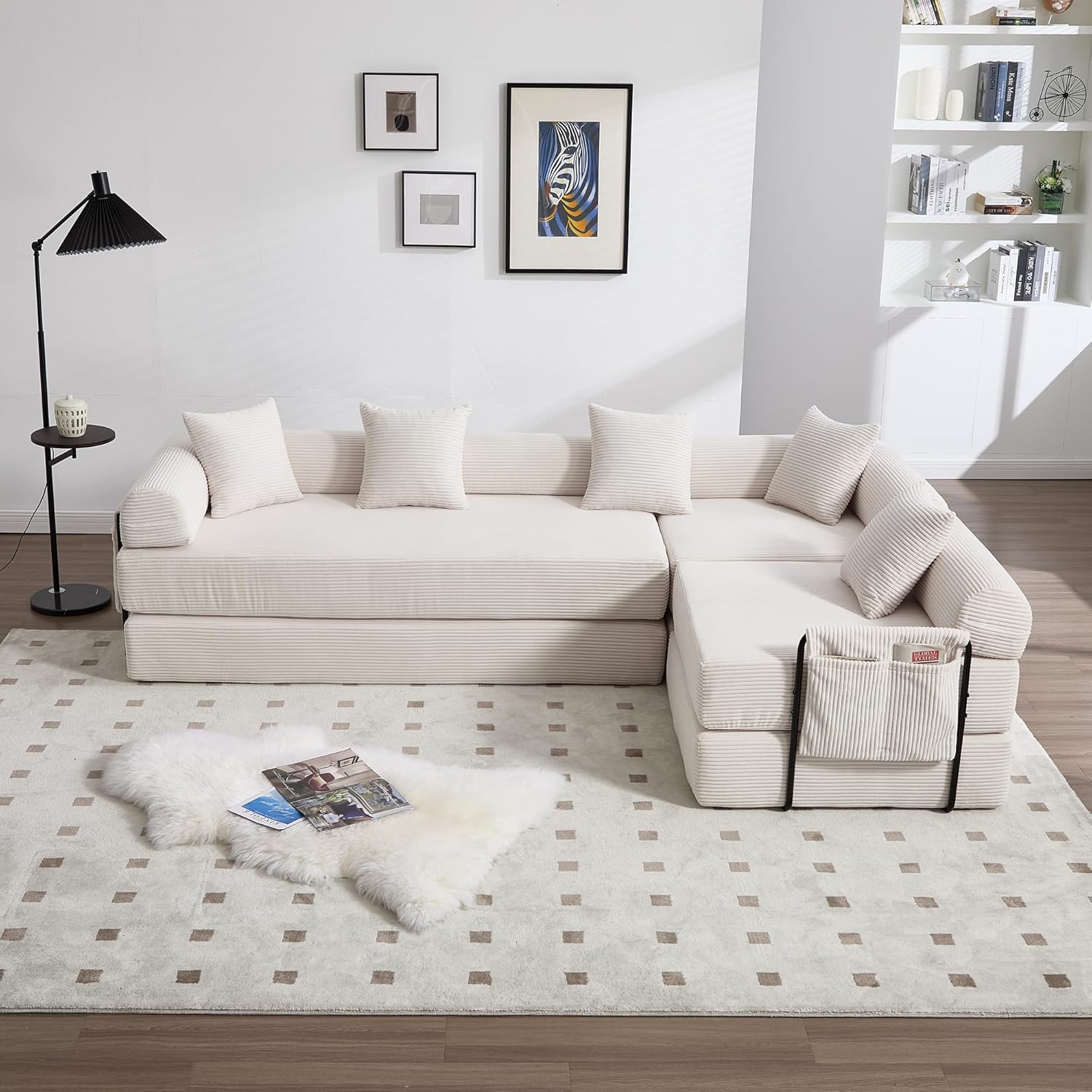 Convertible Folding Sofa Bed, Modular Futon Couch with Fixed Frame and Pillow Back Handrail, Cloud Floor Couch for Living Room, Dormitory, Guest Room, Office, Apartment (Beige)