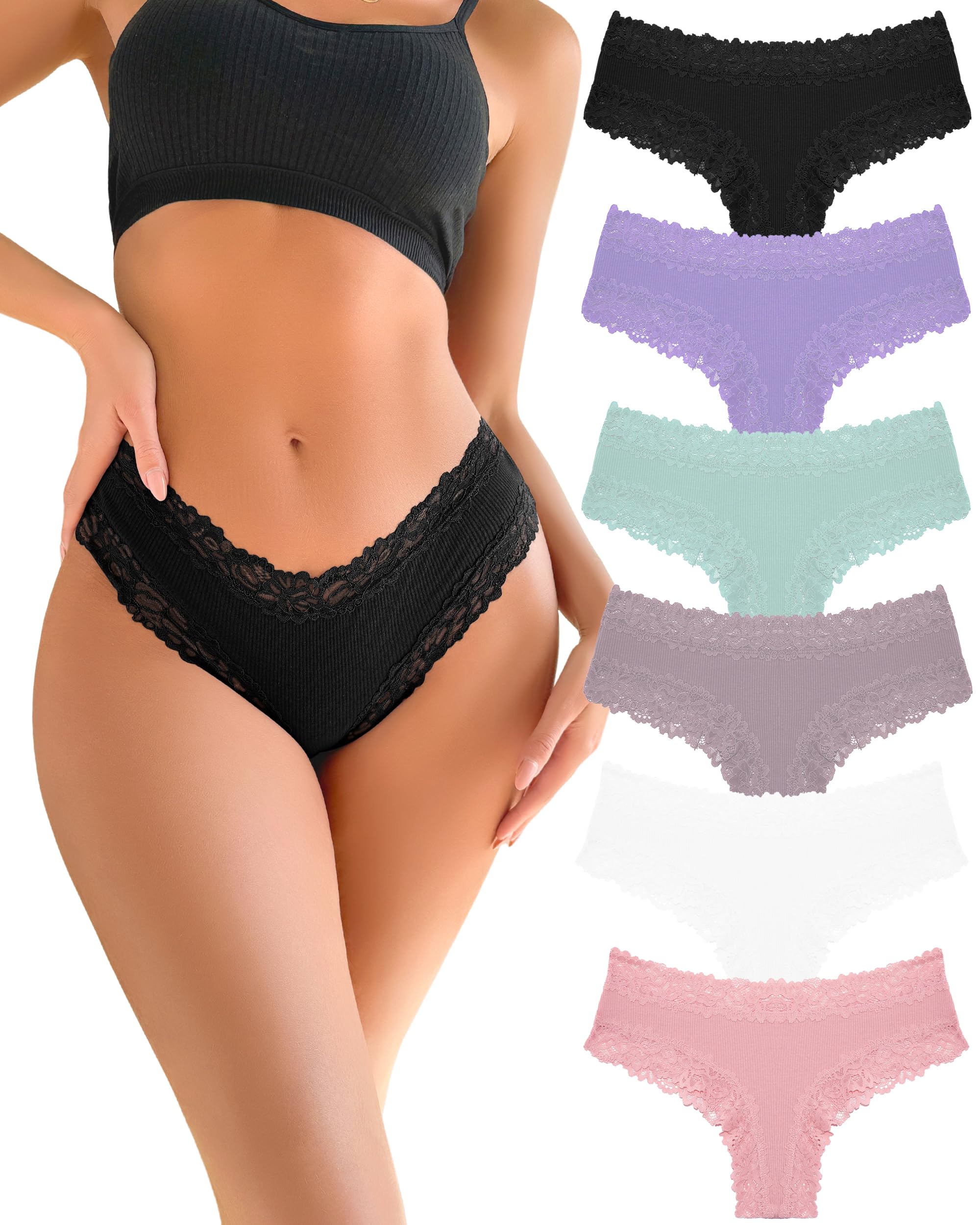 FINETOO Unterhosen Damen Baumwolle Spitze Brazilian Slip Damen Sexy Unterwäsche Frauen Atmungsaktiv Pantys Hipster Mehrpack 6