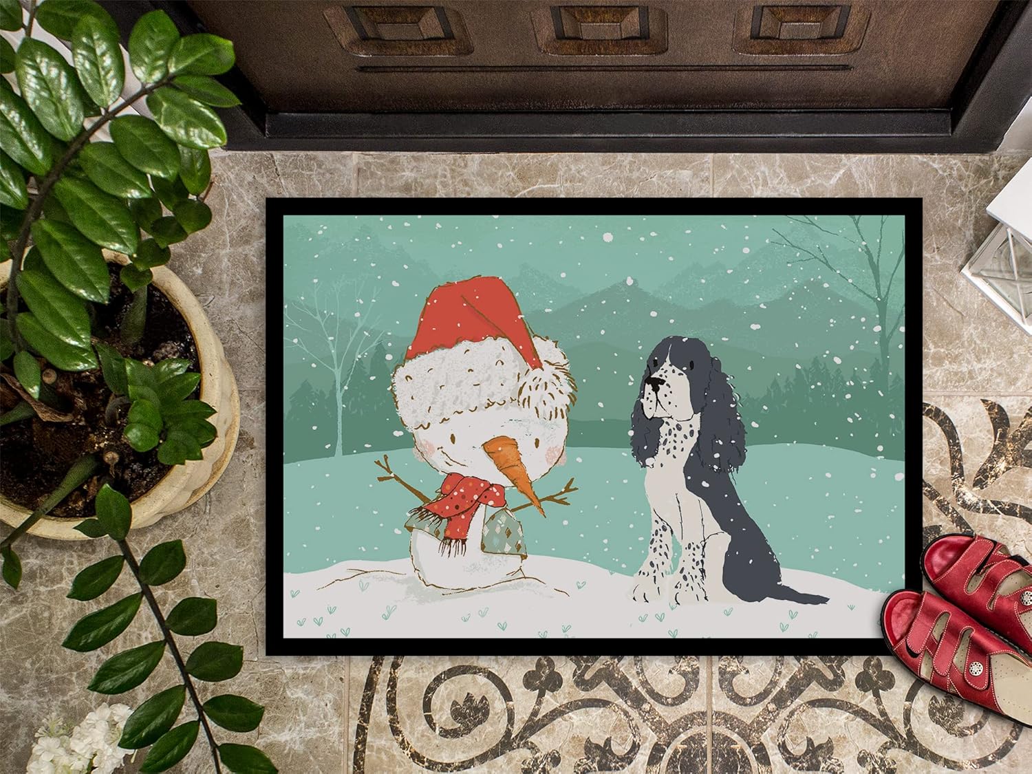 Caroline's Treasures CK2073MAT English Springer Spaniel Snowman Christmas Doormat 18x27 Front Door Mat Indoor Outdoor Rugs for Entryway, Non Slip Washable Low Pile, 18H X 27W