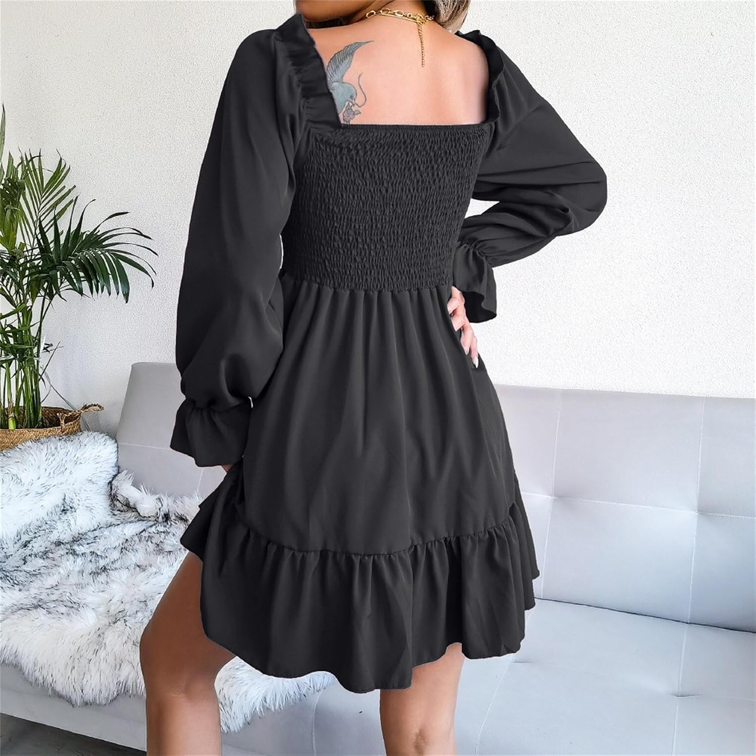 Generic Women'S Boho Flowy Long Sleeve Dress Elegant Square Neck Floral Midi Dress Smocked Spring Fall Wedding Guest Dresses