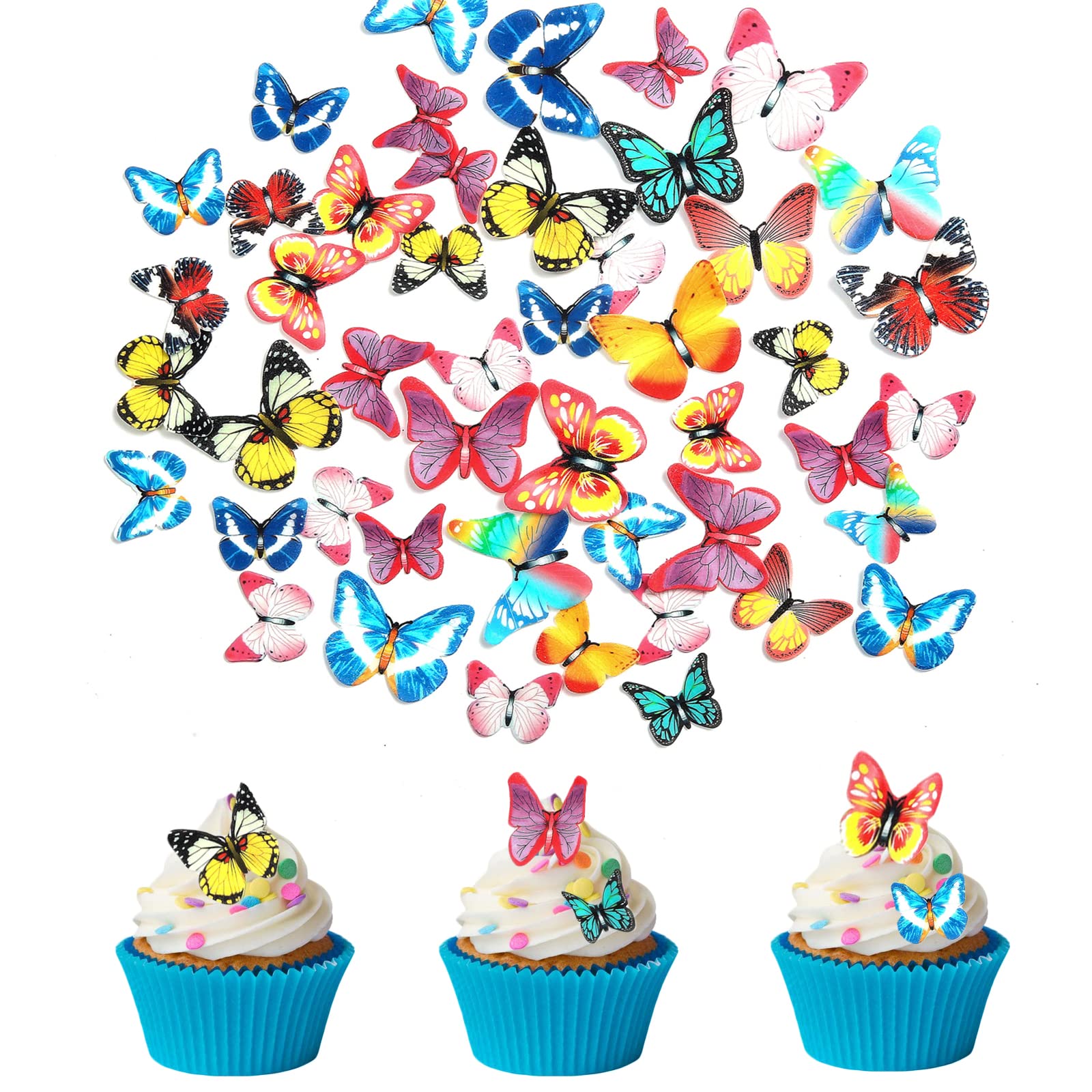 48Pcs Edible Cake Butterfly Decoration Cake Toppers Birthday Party Cupcake Toppers Mixed Size & Colour