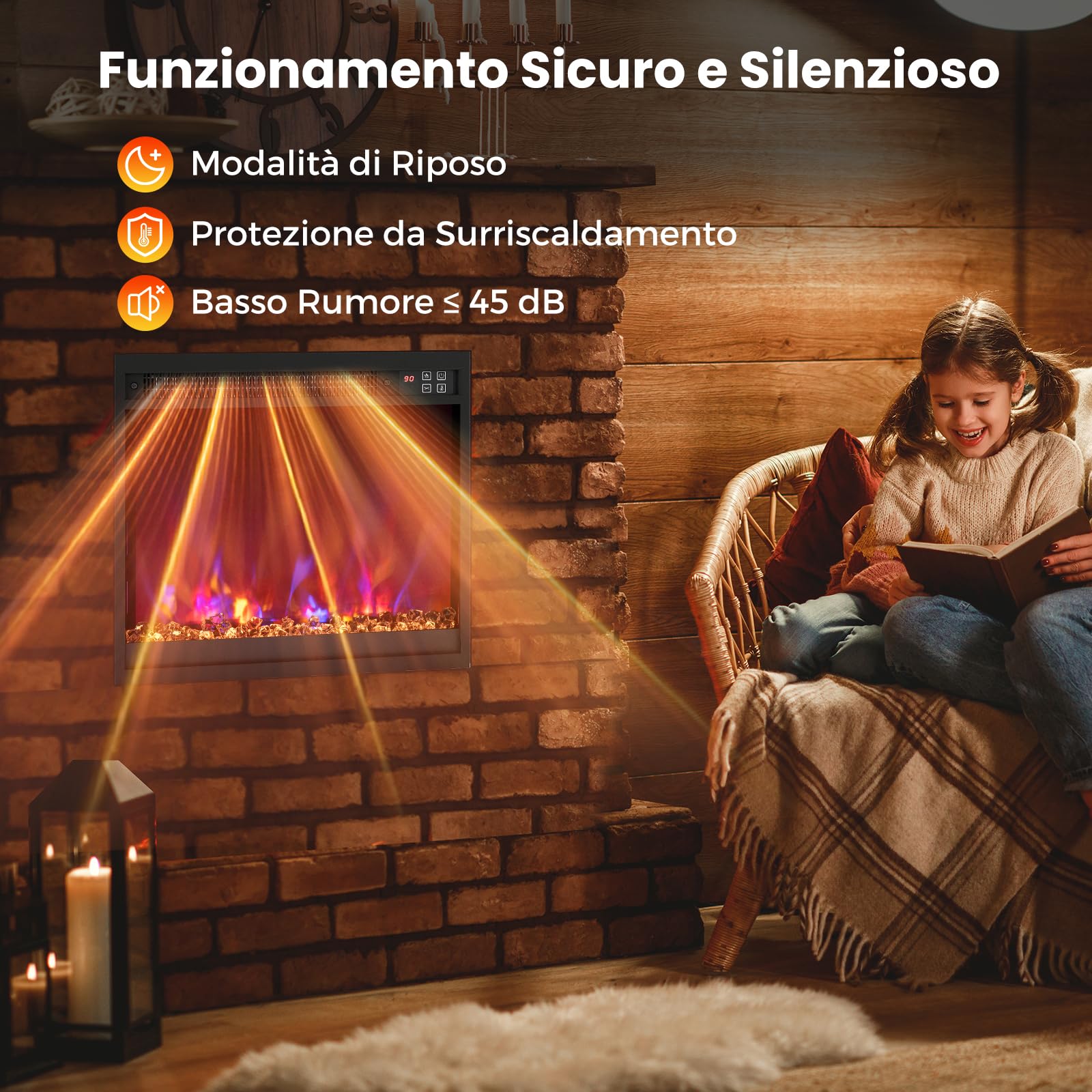 RELAX4LIFE 49/61/68,5 cm Camino Elettrico Incassato con Fiamma Multicolore e Letto di Braci, Telecomando, Timer, Termostato Integrato e Protezione da Surriscaldamento, 1500W (LUNGHEZZA:49CM)