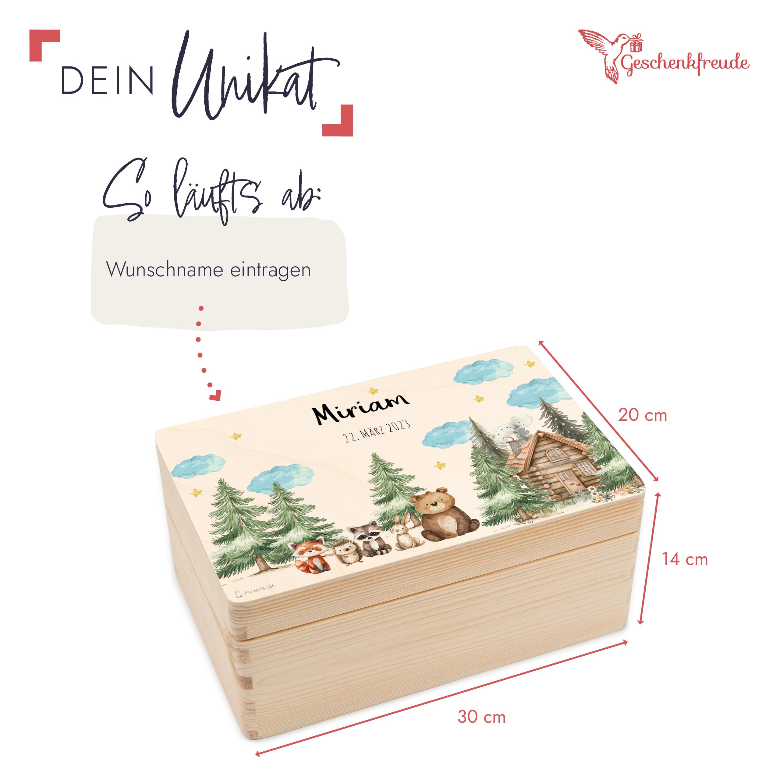 Geschenkfreude Erinnerungsbox Baby Personalisiert - 30x20x14cm - UV-Druck - Individuelle Baby Aufbewahrungsbox - Erinnerungskiste aus Holz - Einzigartige Geschenke zur Geburt - Waldfreunde Hütte