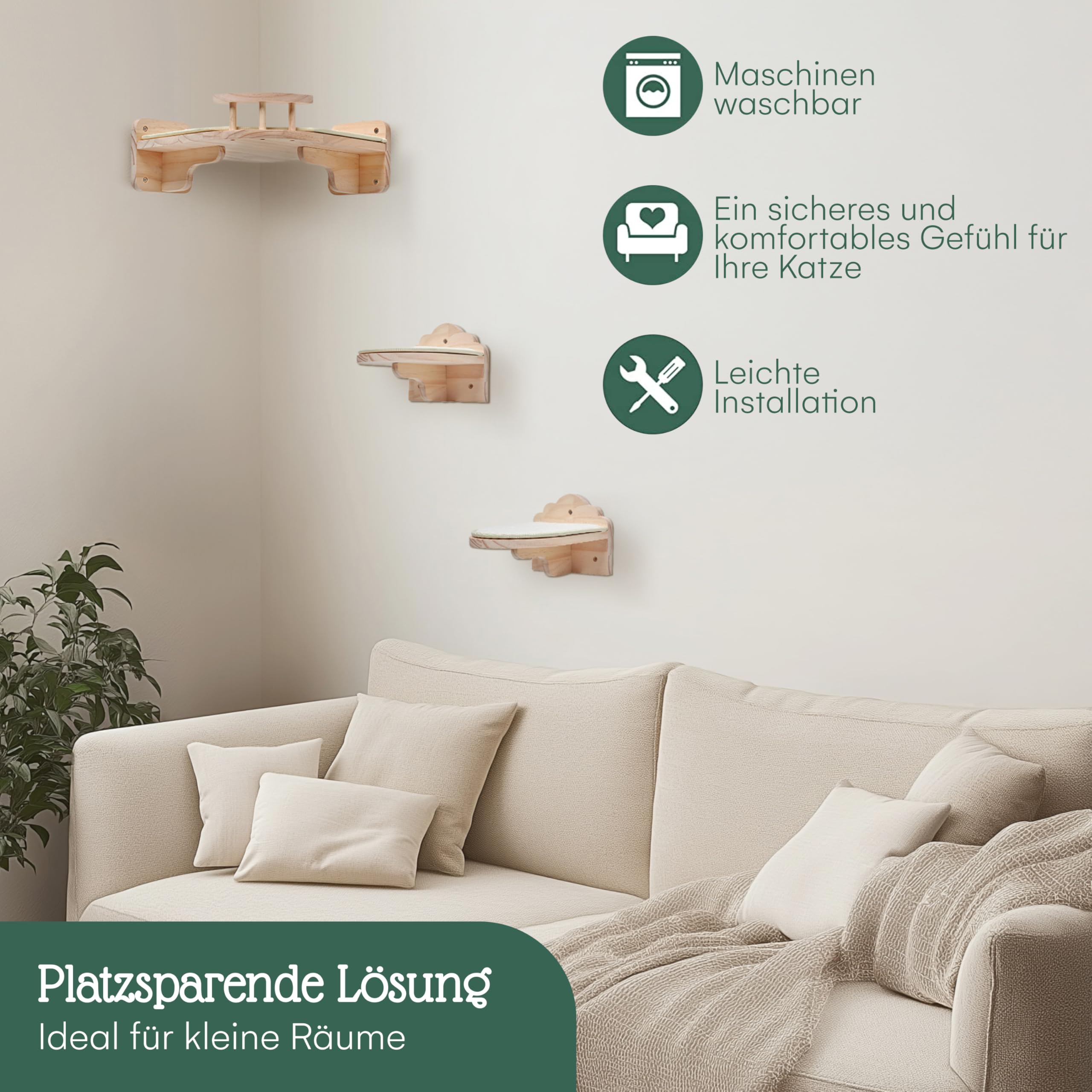 Pfotenolymp Kuschelige Katzenhöhle zur Wandmontage - Braun, Holz, Ruhe- und Kratzplatz für Katzen, Montage an der Wand für Spiel und Erholung Hygienisch & Pflegeleicht Umweltfreundlich - 32 x 9 cm