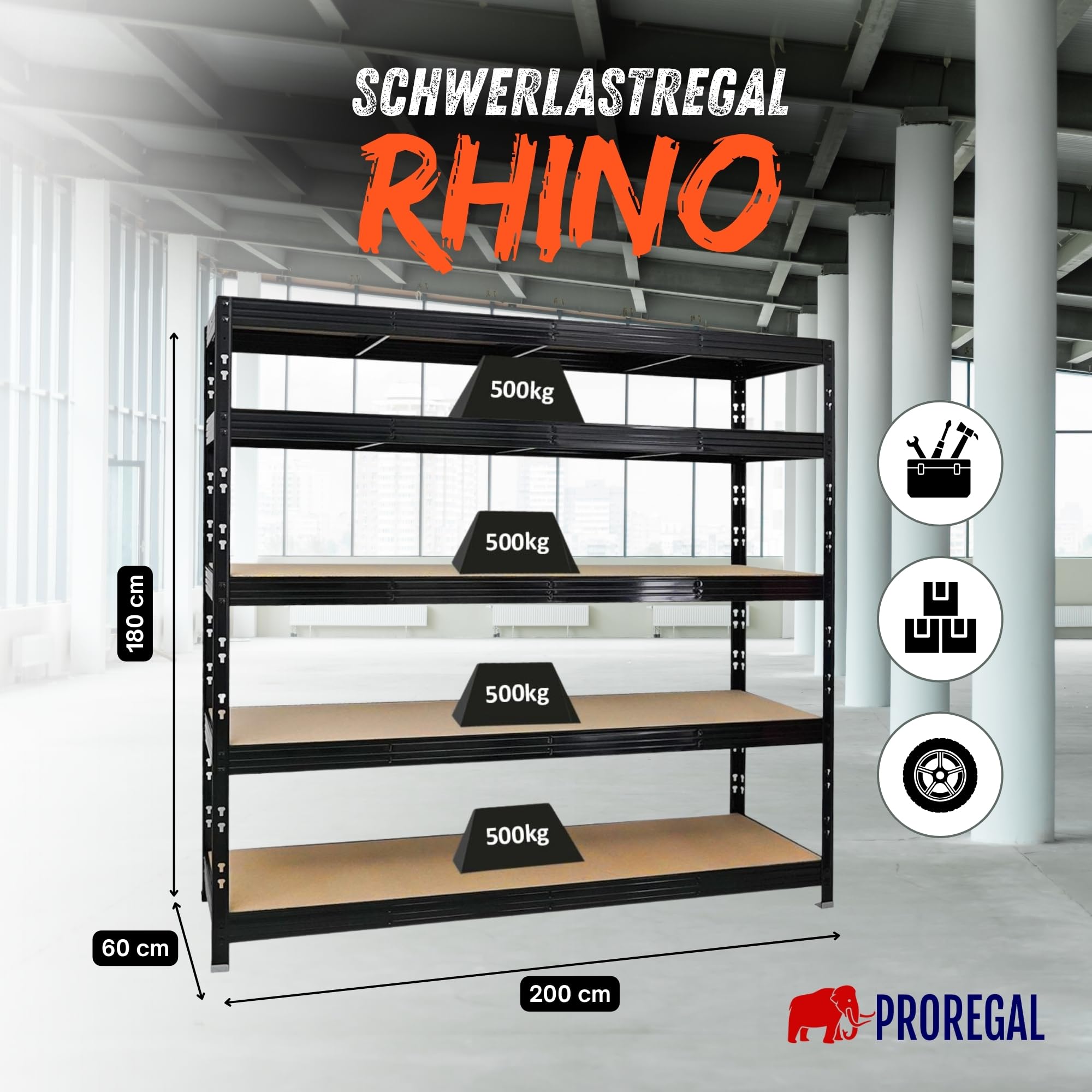 PROREGAL Profi Schwerlastregal Rhino EXTRA BREIT schwarz HxBxT 180x200x60cm Fachlast 500kg 5X Spanplatten-Ebenen 8mm Garagenregal, Lagerregal, Steckregal, Weitspannregal