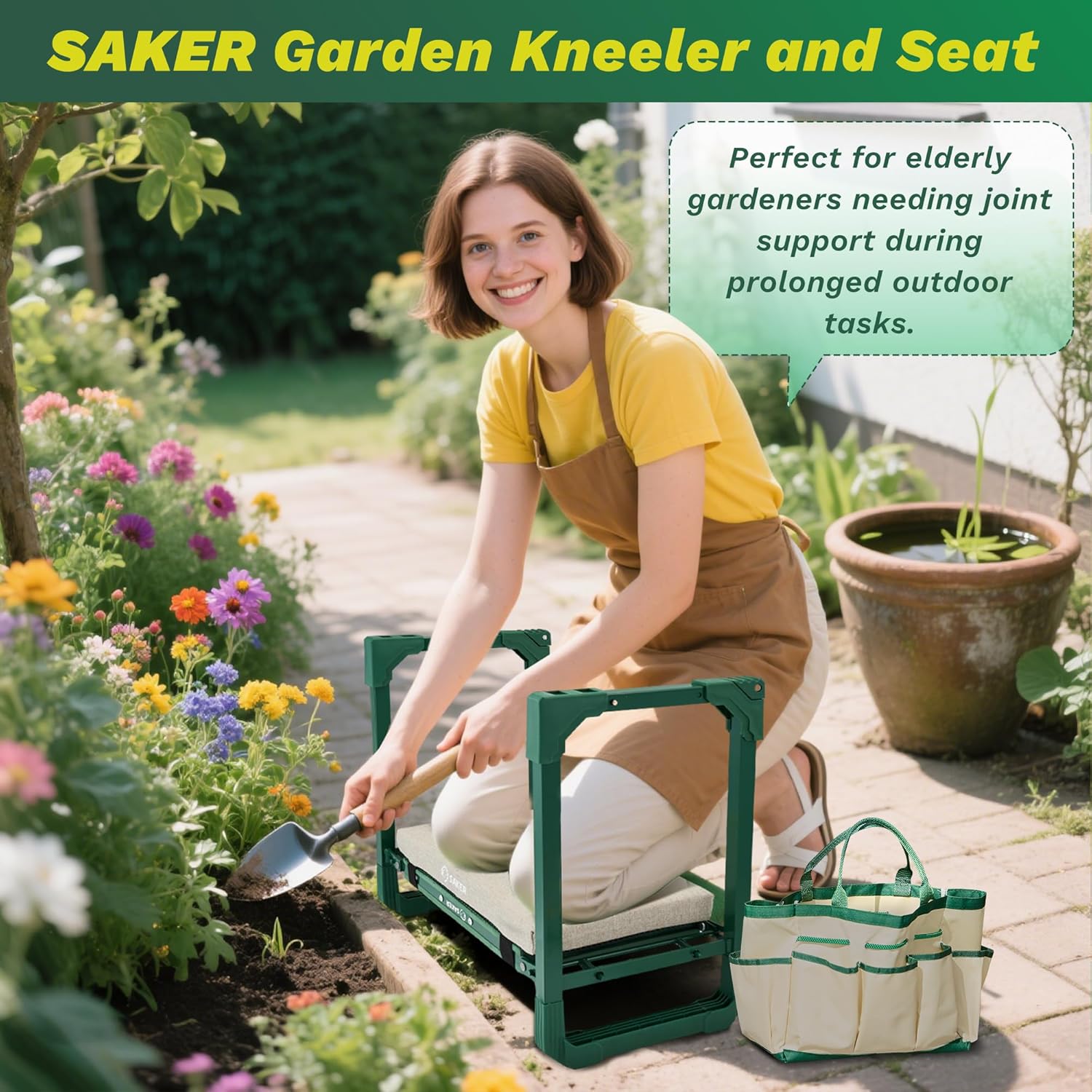 Saker Garden Kneeler and Seat Foldable Gardening Stool with Extendable Legs & Thickened Pad, Tool/Storage Bag, Heavy Duty Support for Elderly, Gardening, Outdoor Use - Image 7