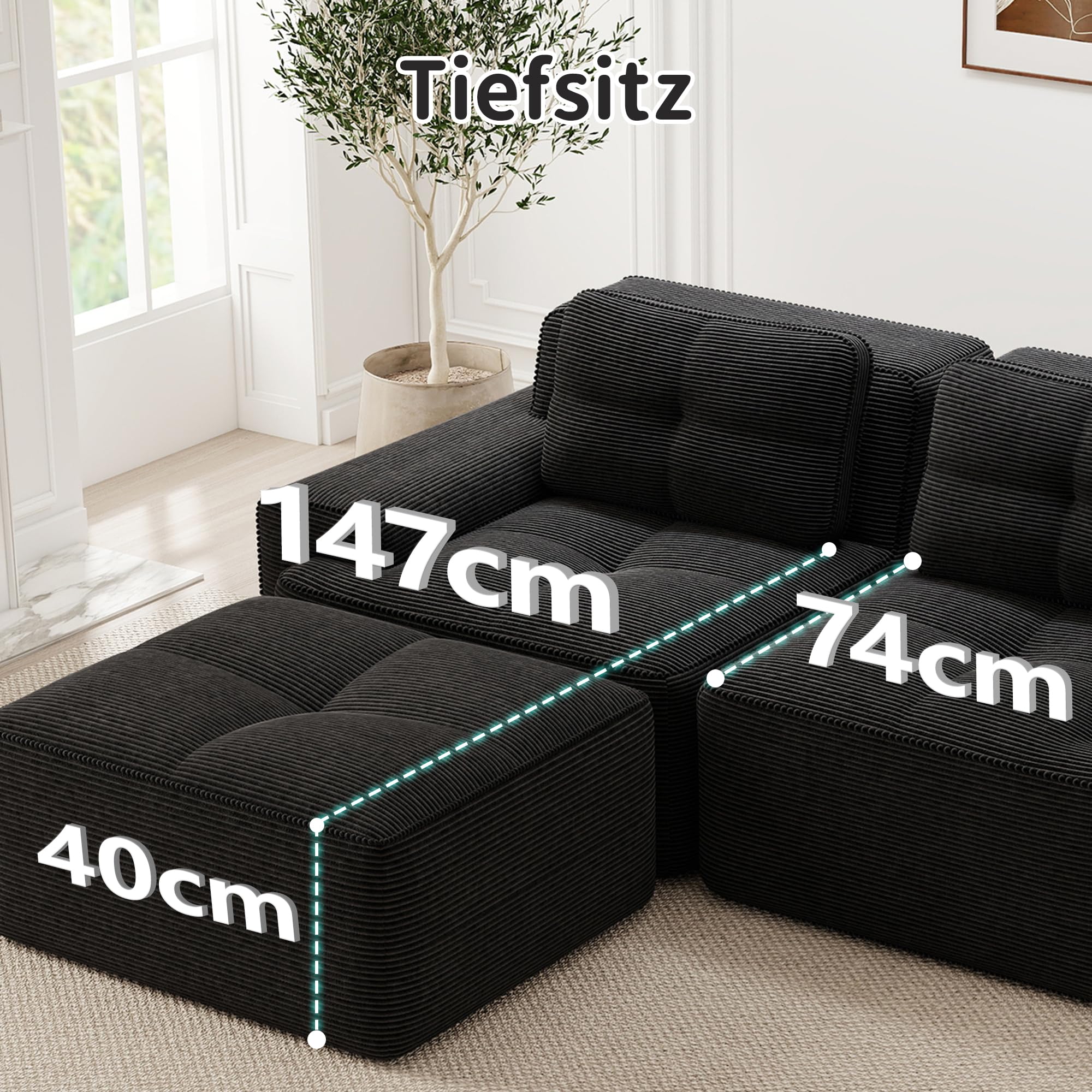 Boneless L-Form Modulares Sofa 74 cm Tiefsitz – Cloud Cord Sofa mit Ottoman & Schlaffunktion, 2-Sitzer schwarz – platzsparendes modulares Sofa für Wohnzimmer, kleine Apartments & Haustierbesitzer