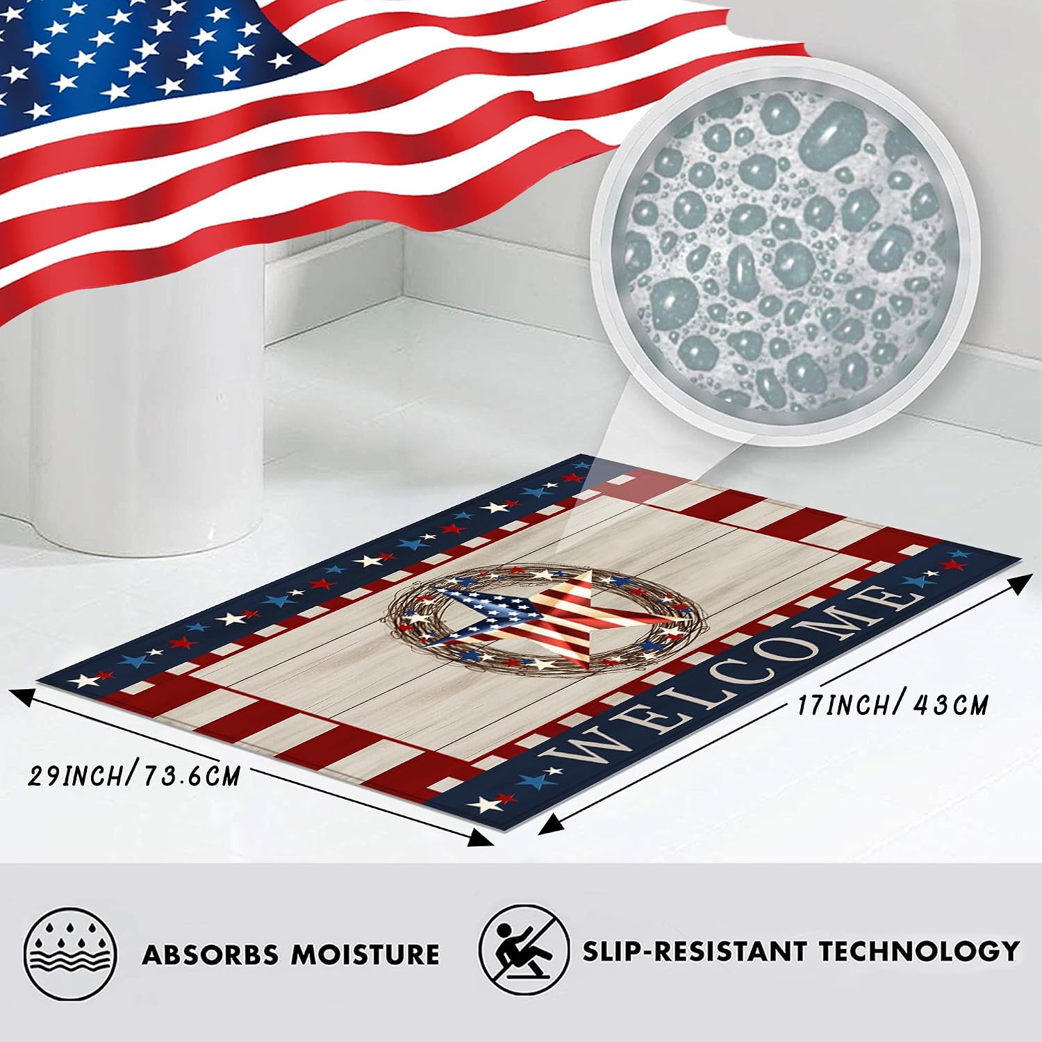 4th of July Patriotic Independence Day Welcome Door Mat Memorial Day Doormat for Indoor Outdoor Decorations,Floor Mat Entry Rug Non-Slip Washable for Porch Front Door Entrance 17x29 Inch