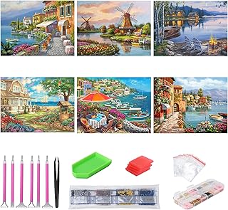 abcGoodefg Diamond Art Kits for Adults 6 Pack, DIY 5D Diamond Art Paintings Beach Seaside Villas Set Round Full Drill Paint by Diamonds, 12x16 inch