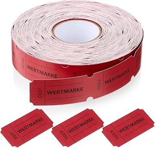 Nezyo Rollo de Fichas 1000 Hojas de Fichas Perforadas Rollo de Tokens de Comida con Números Consecutivos Rollo de Fichas de Bebidas Fichas Rasgables para Tiendas Bar Boda Cumpleaños(Rojo,Wertmarke)
