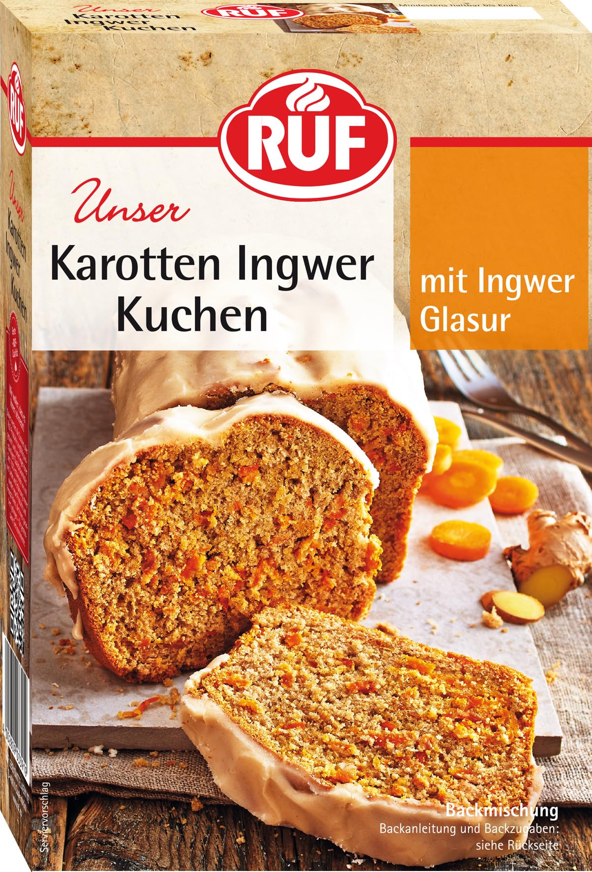 RUF Karotten-Ingwer-Kuchen, Backmischung für einen saftigen Karottenkuchen mit frischen Möhren und fruchtiger Ingwer-Zuckerglasur, vegan