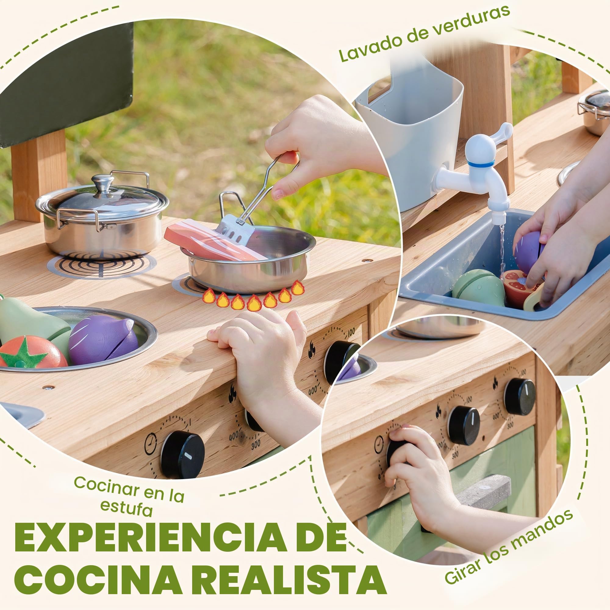 ROBUD Cocina de barro para niños al aire libre, cocina de juguete de madera con grifo auténtico, hervidor de agua, macetero, horno, pizarra, cocina infantil, regalo de madera para niñas y niños a