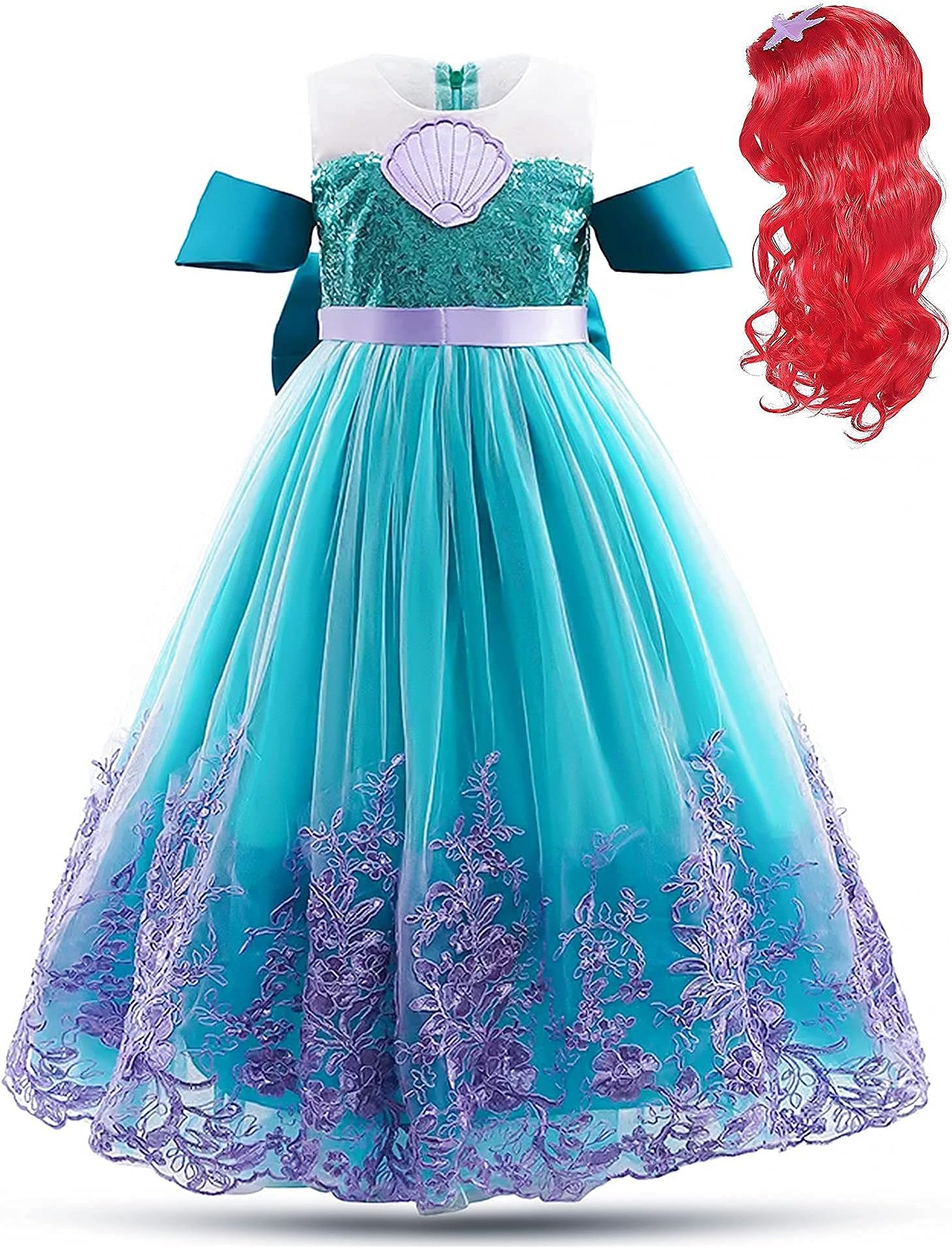 keaiyouhuo 3-13T Mermaid Princess little girls Dress Cosplay Costume Dress Up Birthday Party Dress + Red wig
