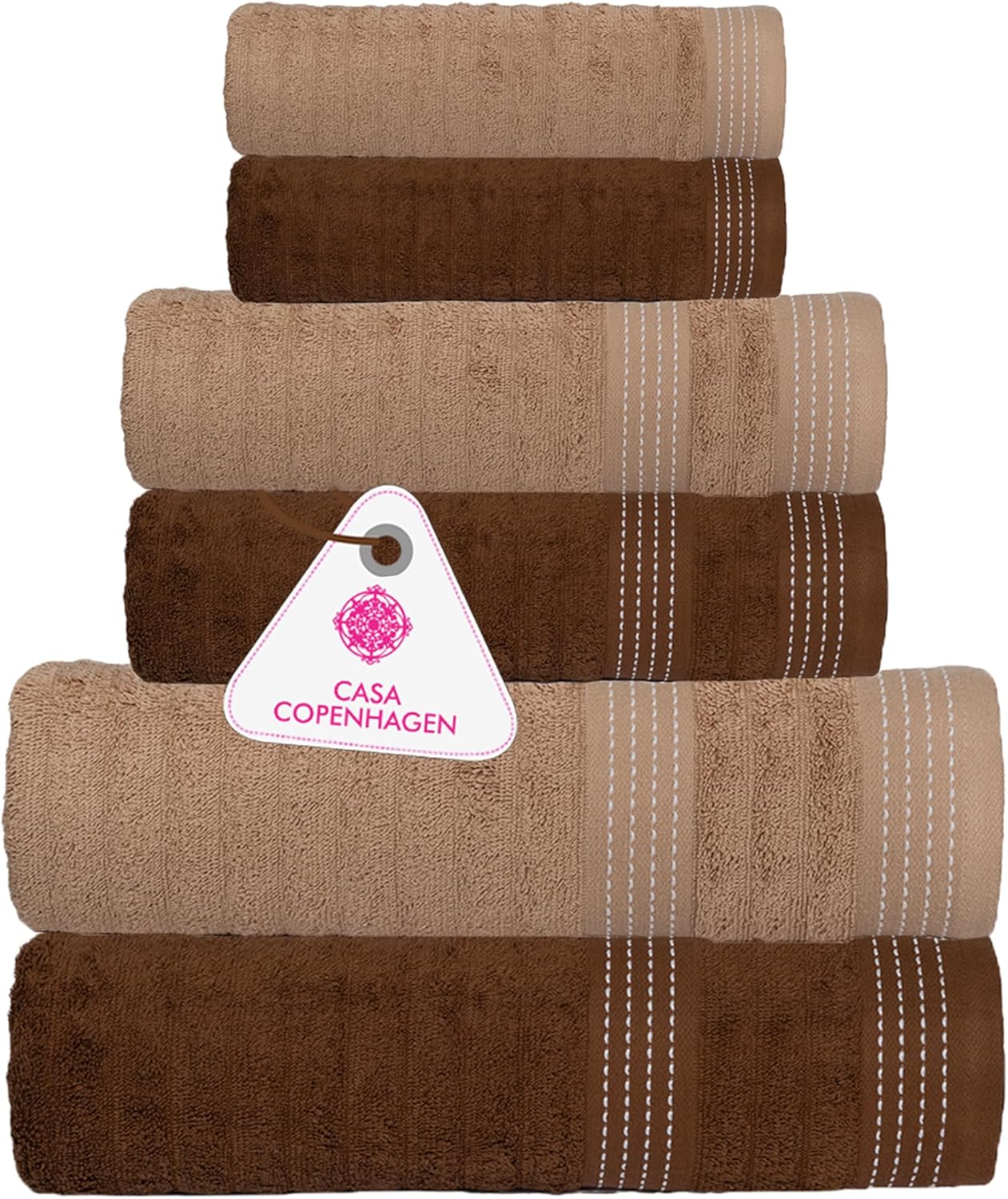 CASA COPENHAGEN Elegance 6 Pieces Towel Set- Brown + Beige, 550 GSM 2 Bath Towel 2 Hand Towel 2 Washcloth, Designed in Denmark Made of Soft Egyptian Cotton for Bathroom, Kitchen and Shower El-brown + Beige
