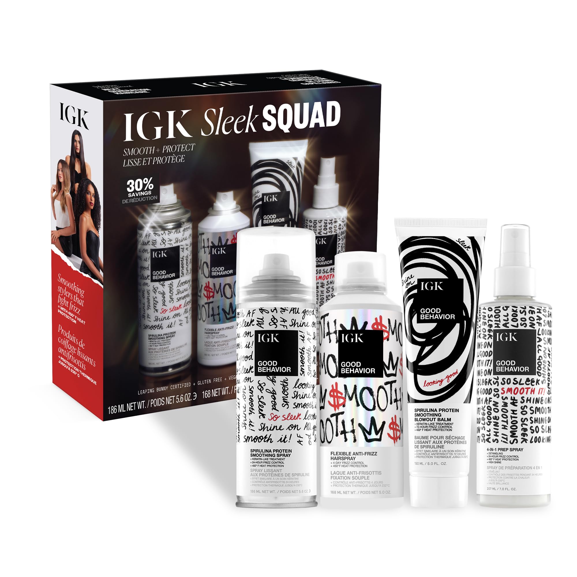 IGK GOOD BEHAVIOR Holiday 2025 Gift Set – Flexible Hairspray 5 oz, Smoothing Spray 5.6 oz, 4-in-1 Prep Spray 7 oz – Anti-Frizz, Heat Protection, Shine & Smooth Finish for All Hair Types