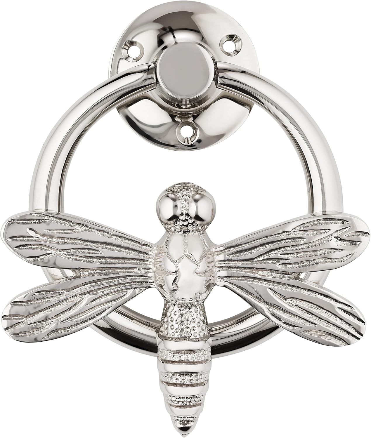 Silver Dragonfly Door Knocker for Front Door | Polished Solid Brass Silver/Chrome Knockers with Strike Plate | UPVC | Dragonfly Front Door Furniture with a Unique Design