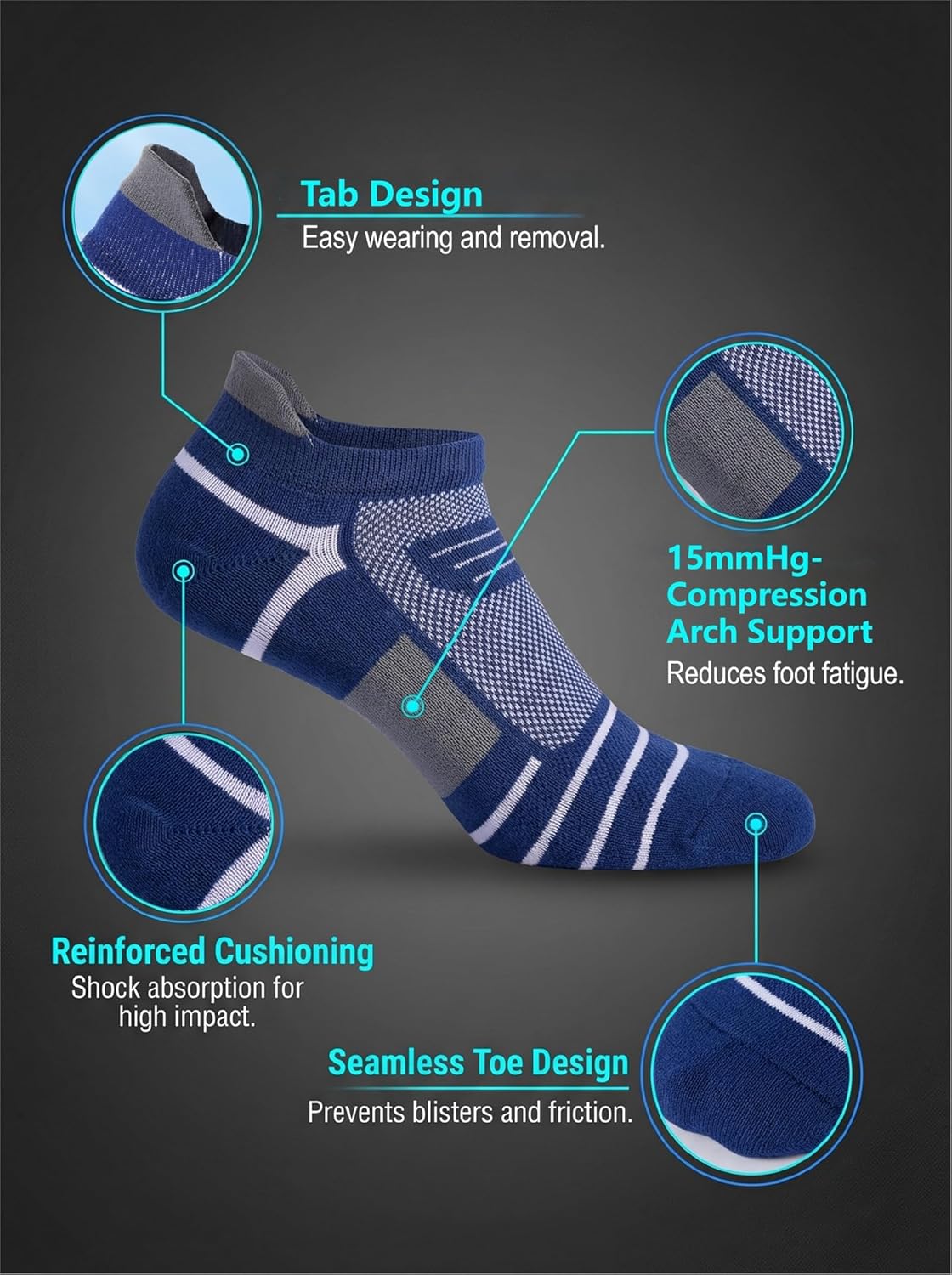 Kodal Ankle Compression Socks, Copper Yarn Low Cut Training Socks, Odor Free Moisture-wicking Arch Support Cushion - Image 5