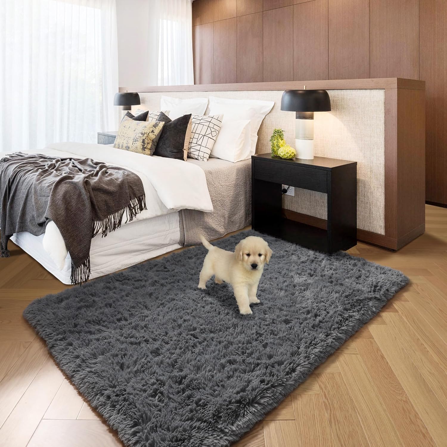 4x4 Black + 3x5 Grey Rugs for Bedroom, Fluffy Round Rug for Living Room, Shag Furry Carpet for Kids Room, Throw Rug for Boys Room, Cute Room Decor for Baby Nursery