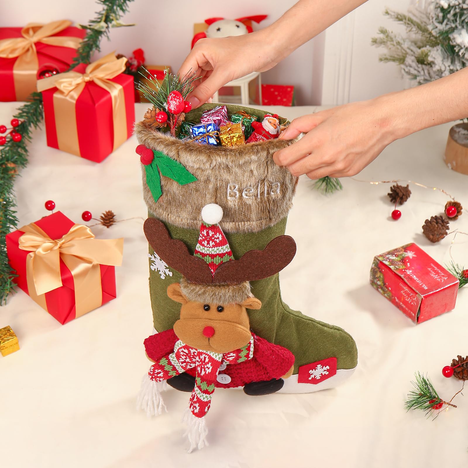Gemszoo Personalisierte Weihnachtsstrümpfe, personalisierbar, mit Namen, Weihnachtsdekoration, großer Weihnachtsstrumpf, Geschenk, Strumpftasche (Stil 1 (3er-Pack)