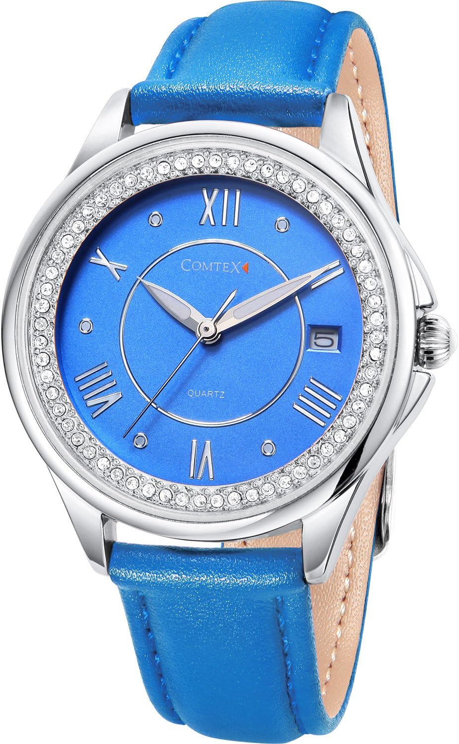 COMTEX Women’s Watches Blue Leather with Crystal Roman Number Calendar Display