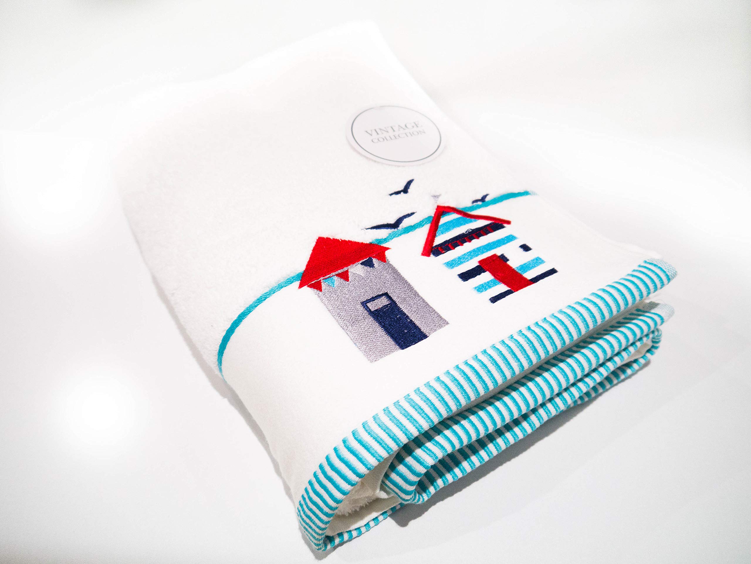 Vintage Collection Beach Hut Embroidered 100% Turkish Cotton Bath Towel, White/Multi