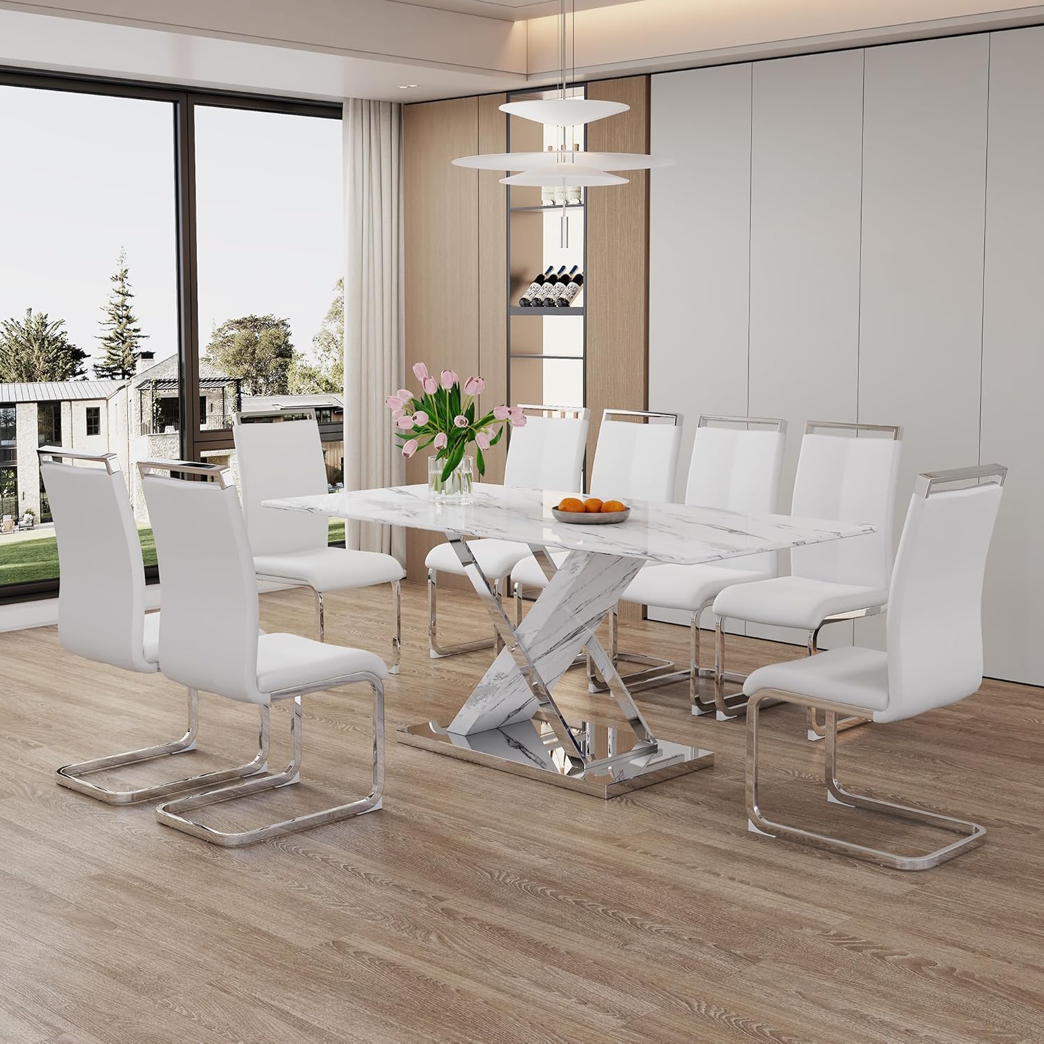 YUNDREAM Modern Marble Dining Table Set for 8,White Sliver