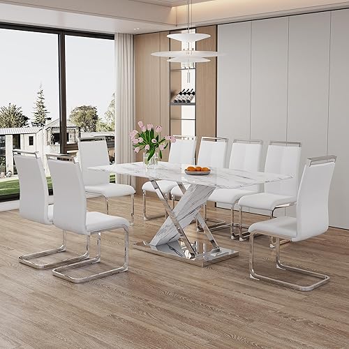 Miniatura 33 de Juego de mesa de comedor de mármol para mesa rectangular blanca de 6.63 pulgadas con marco de metal plateado en forma de X y 6 sillas de comedor de
