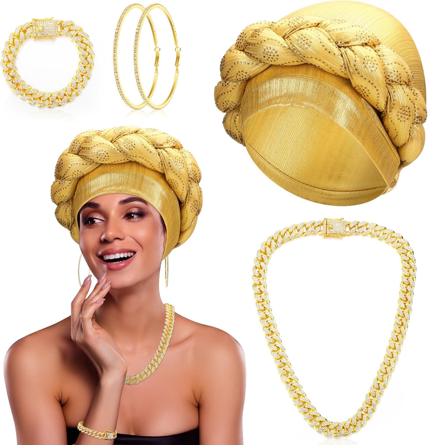 Liliaafar 4 Pcs Halloween African Gold Jewelry Set for Gold African Women Braided Turban Head Wraps Vintage Diamond Necklace Bracelet Hoop Earrings Costume Jewelry for Halloween Party Accessories