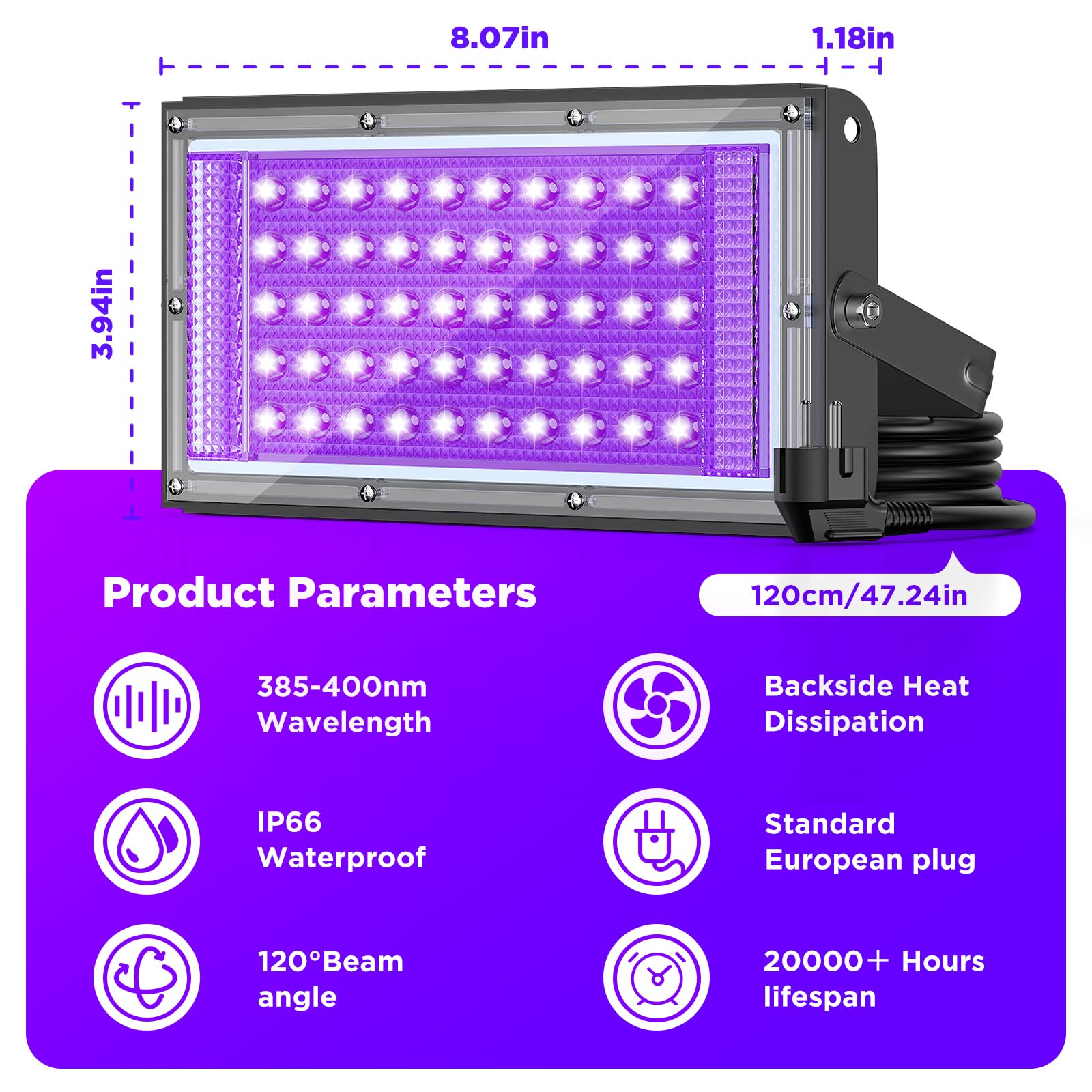 GKT 50W Faretto Luce Nera, Lampada UV, Luce Nera 385-400 nm, per Halloween, Natale, Feste Fluorescenti, Lampada per la Polimerizzazione Resina UV, Esposizione di Vetranio