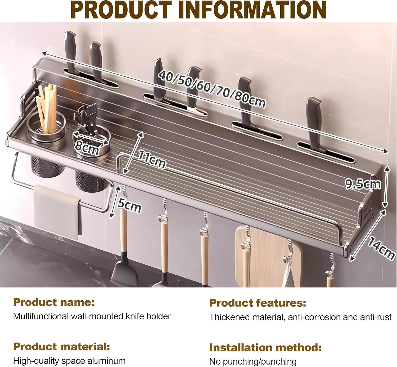 Spice Rack Wall Mount Kitchen Utensil Rack Wall Mounted Spice Rack with Hooks Wall Mount, Hanging Storage Wall Shelf for Spatula Spoon, Seasoning Jar Organizer (80cm)