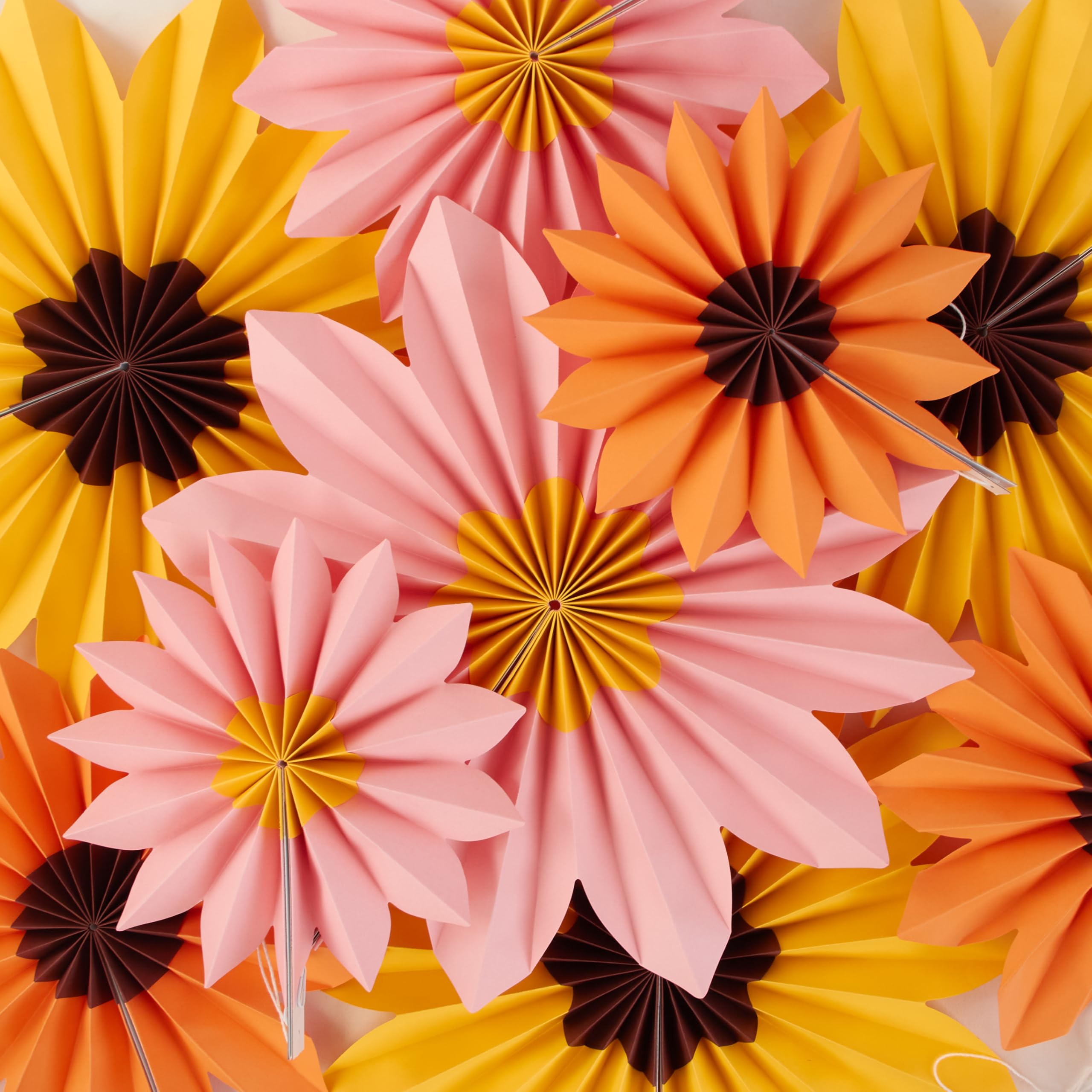 Homarkable 9 PCS Paper Flowers Decorations, Yellow, Pink and Orange Birthday Decorations, Sunflower Folding Paper Fans, Classroom Decoration Floral Backdrop Decor