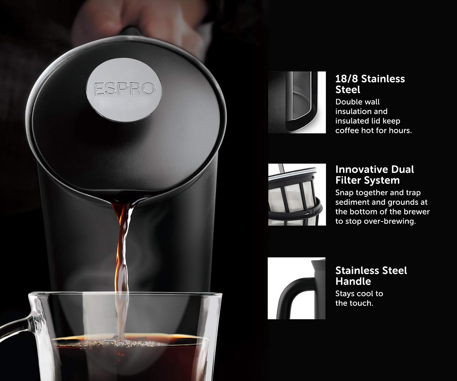 ESPRO P7 Stainless Steel Cafetiere, Patented Double Walled Micro-Filter Insulated French Press Coffee Maker, Grit-Free Brew - Image 3