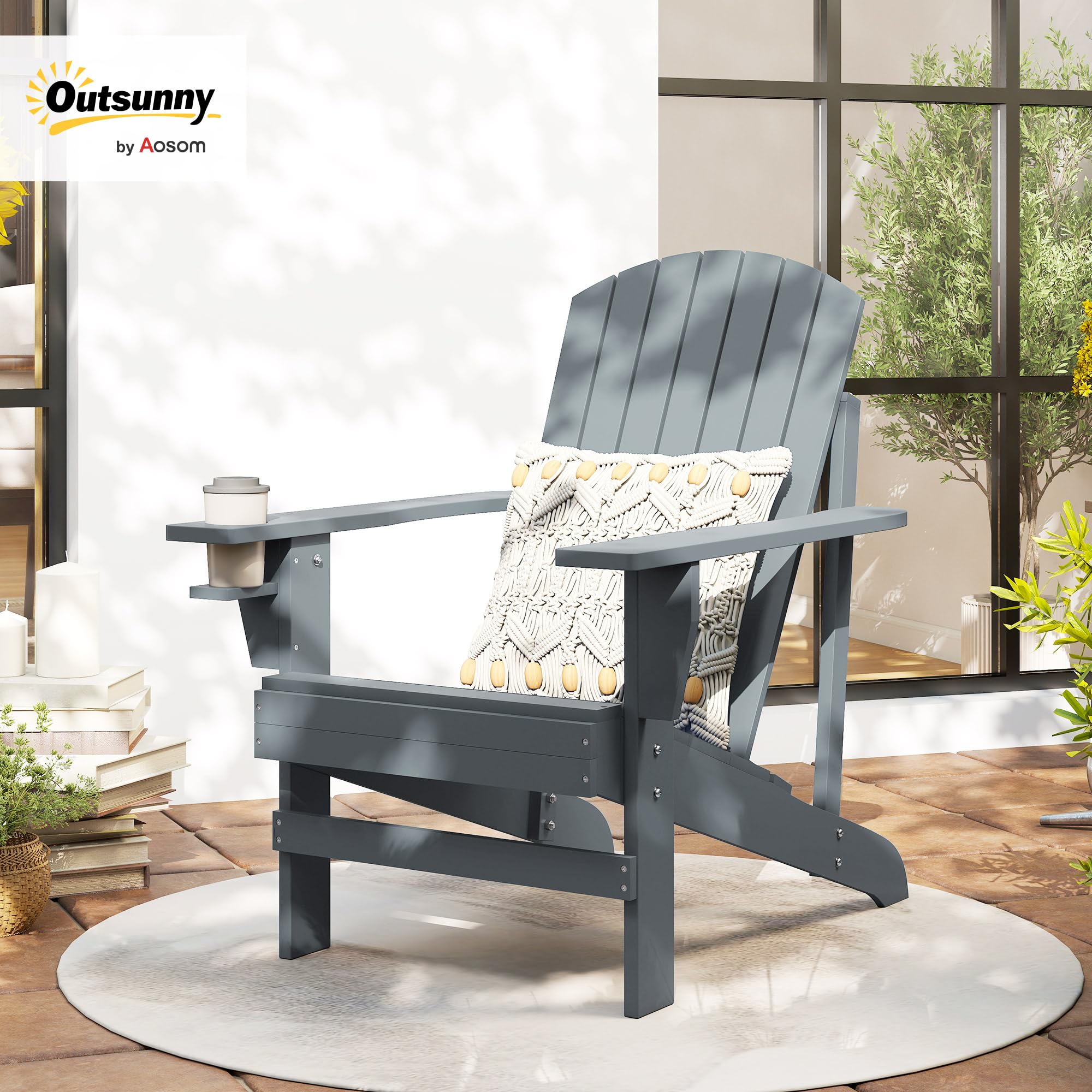 Outsunny Fauteuil de Jardin Adirondack Porte-Gobelet Intégré Gris Foncé