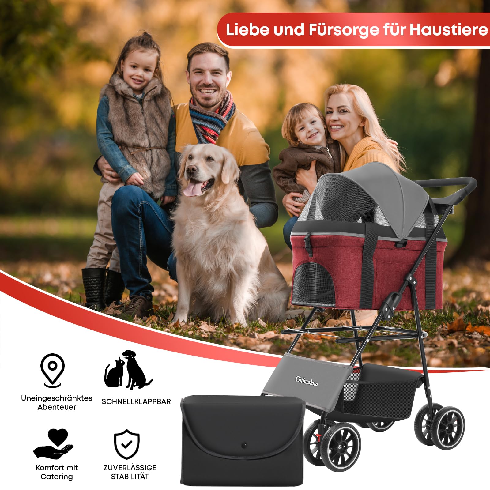 Hundewagen für Haustiere mit Verdeck, 4-rädriger Hundebuggy für kleine/mittelgroße Hunde und Katzen, Netzgewebe, Getränkehalter, Dunkelgrau+Rot