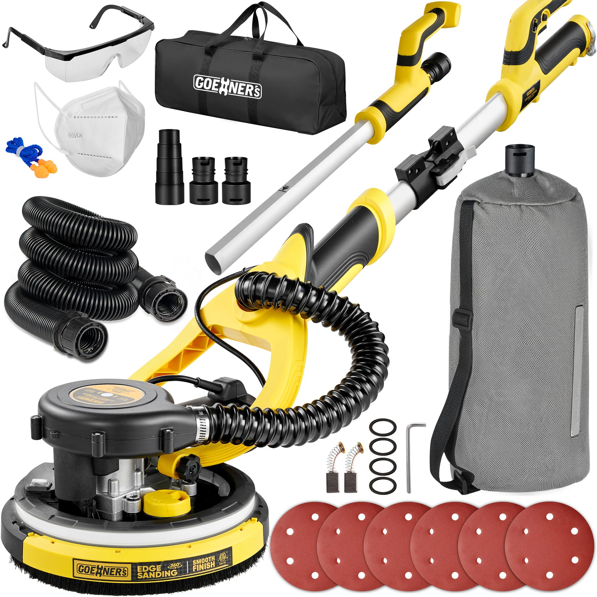 Drywall Sander, Electric Drywall Sander with Vacuum, Automatic Dust Removal, 7 Variable Speed, 900-1800RPM, 26’ Power Cord, Labor-Saving Handle and Patented Fixture for Ceiling Sanding, LED Light