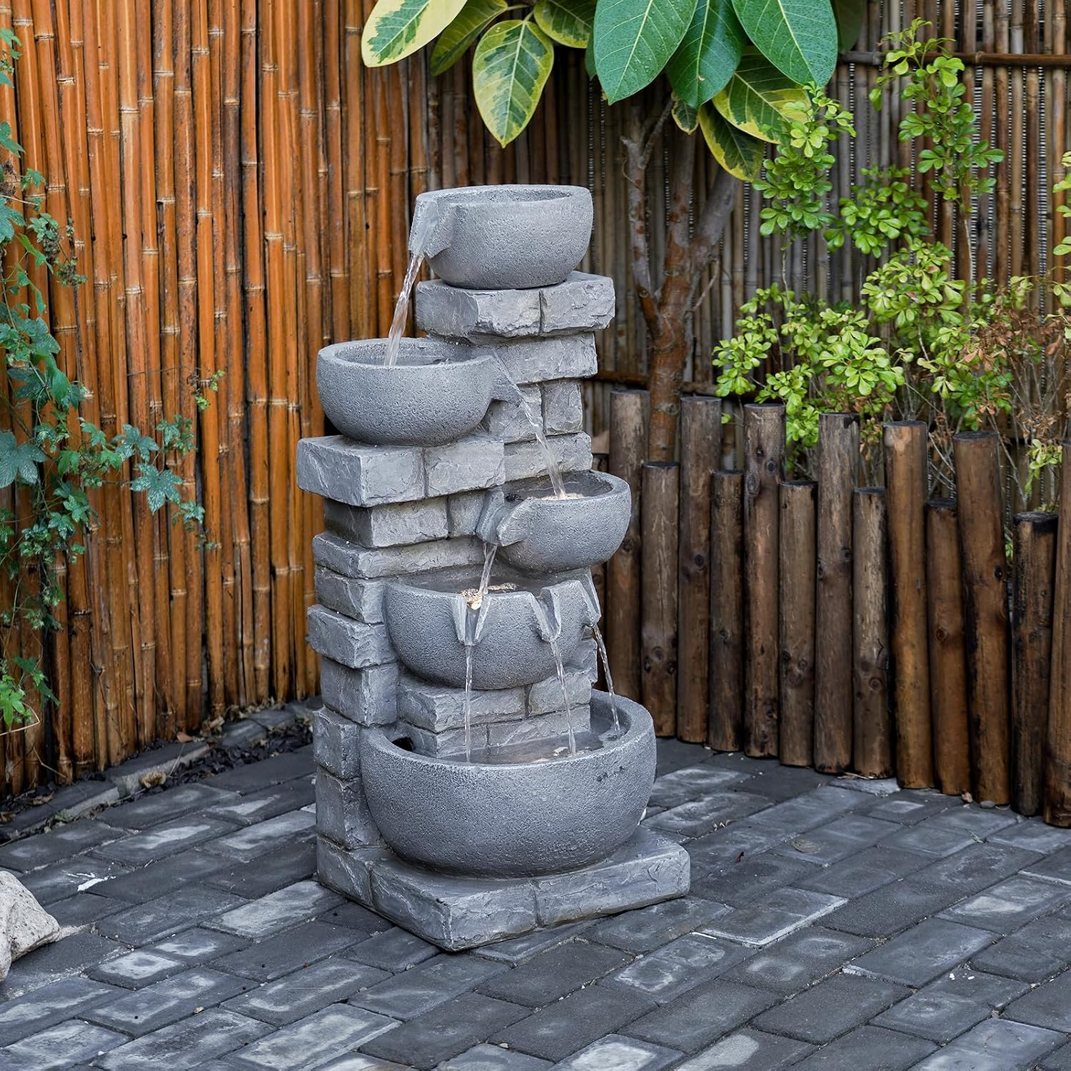 33.07'' H Cascading Bowl Water Fountain 5-Tier Stacked Stone Style Freestanding Water Feature with LED Lights for Outdoor Patio, Balcony, Lawn and Indoor Home Décor