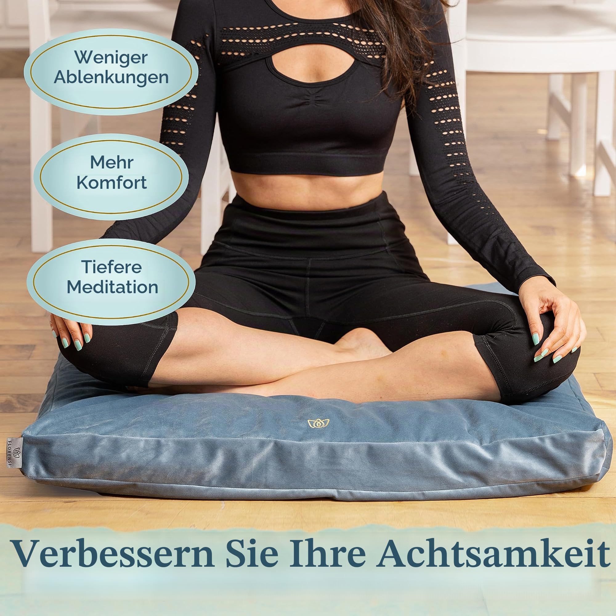 Florensi Zabuton Meditationsmatte, 100% Baumwolle gefüllt, Meditationskissen, Samt-Bodenkissen zum Sitzen und Knien, Yoga-Kissen für Damen und Herren | Mit Buchweizen gefülltes Meditationskissen mit weichem Samtbezug für unterstützendes Sitzen während Med