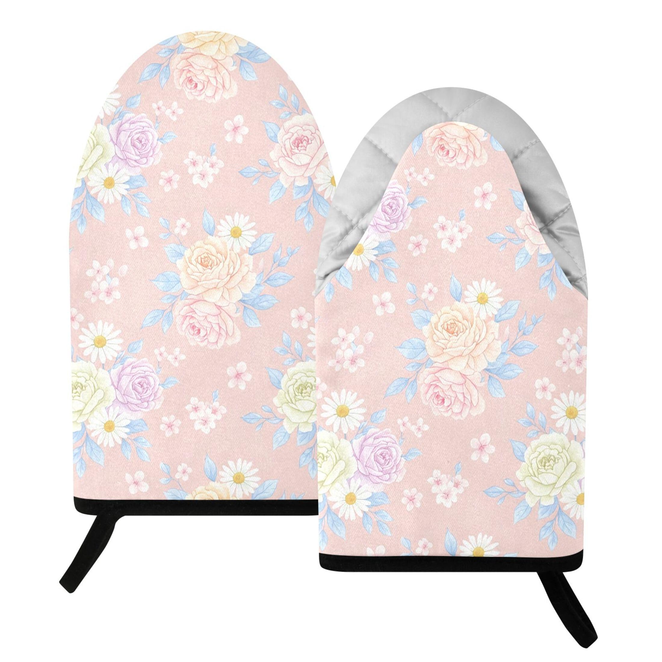 Kutsu Flowers Oven Mitts for Kitchen, Heat Resistant Cotton Oven Gloves for BBQ Baking Cooking, Breathable Kitchen Essentials, 2 pcs