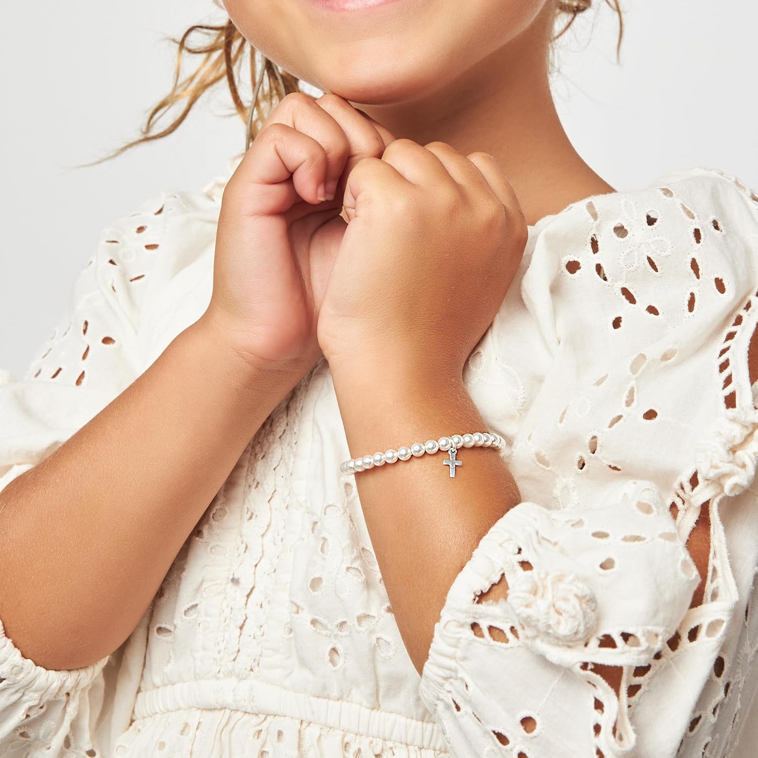 Miniatura 5 de Elegante pulsera de perlas para niñas con perlas blancas de imitación europeas, plata de ley, el mejor bautizo, bautismo, regalo para niños y niñas