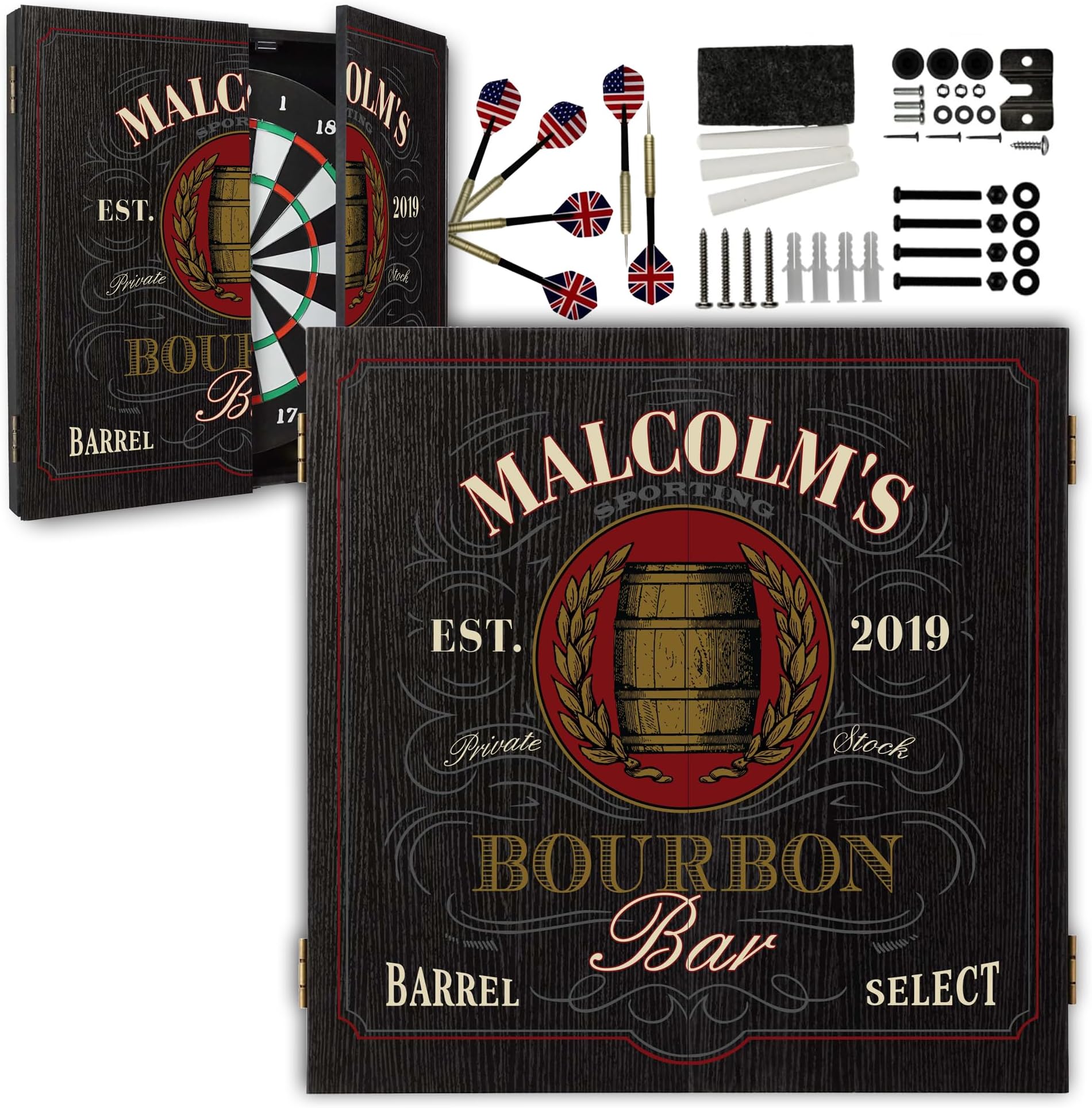 Personalized Dart Board Cabinet Set with 6 Steel Tip Darts, Paper Dartboard, Chalk & Eraser (21.5 x 21.5 x 2.75) - Man Cave Dart Boards for Adults