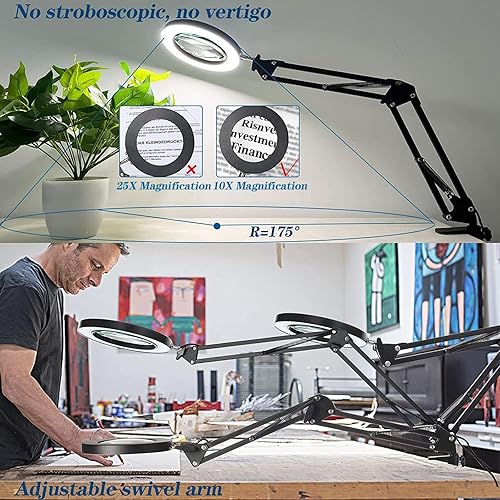 Miniatura 5 de HITTI - Lupa 5X con luz con abrazadera, 3 modos de color, lámpara de aumento regulable continua, 72 LED de lente de cristal real con luz y soporte