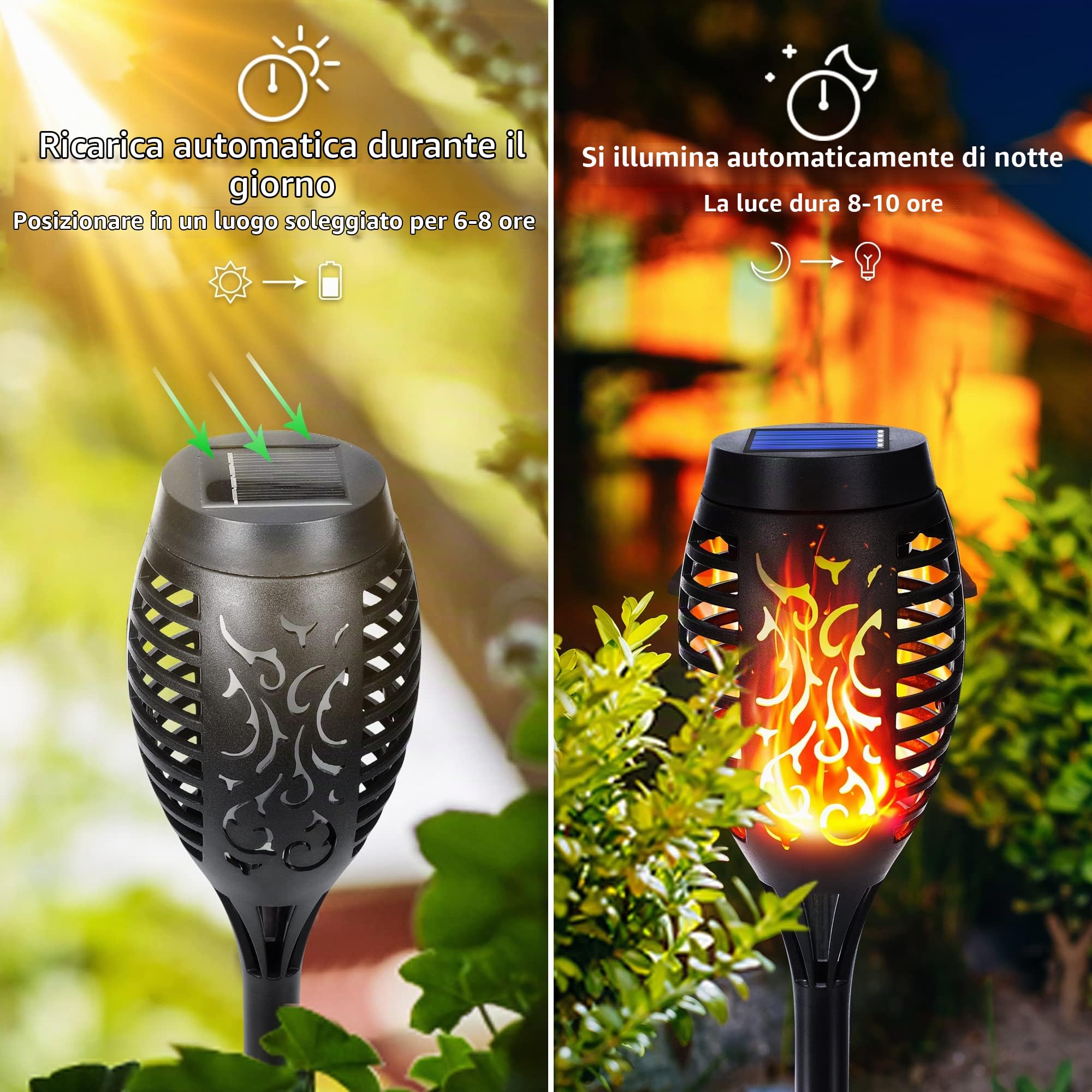 Qedertek Lampade Solari da Giardino - 6 Pezzi 12 LED Solare Torcia Luce con Effetto Fiamma, Luci Solare Esterno impermeabile IP65 Decorazione per Giardino, Cortile, Vialetto, Prato, Patio, Corridoio