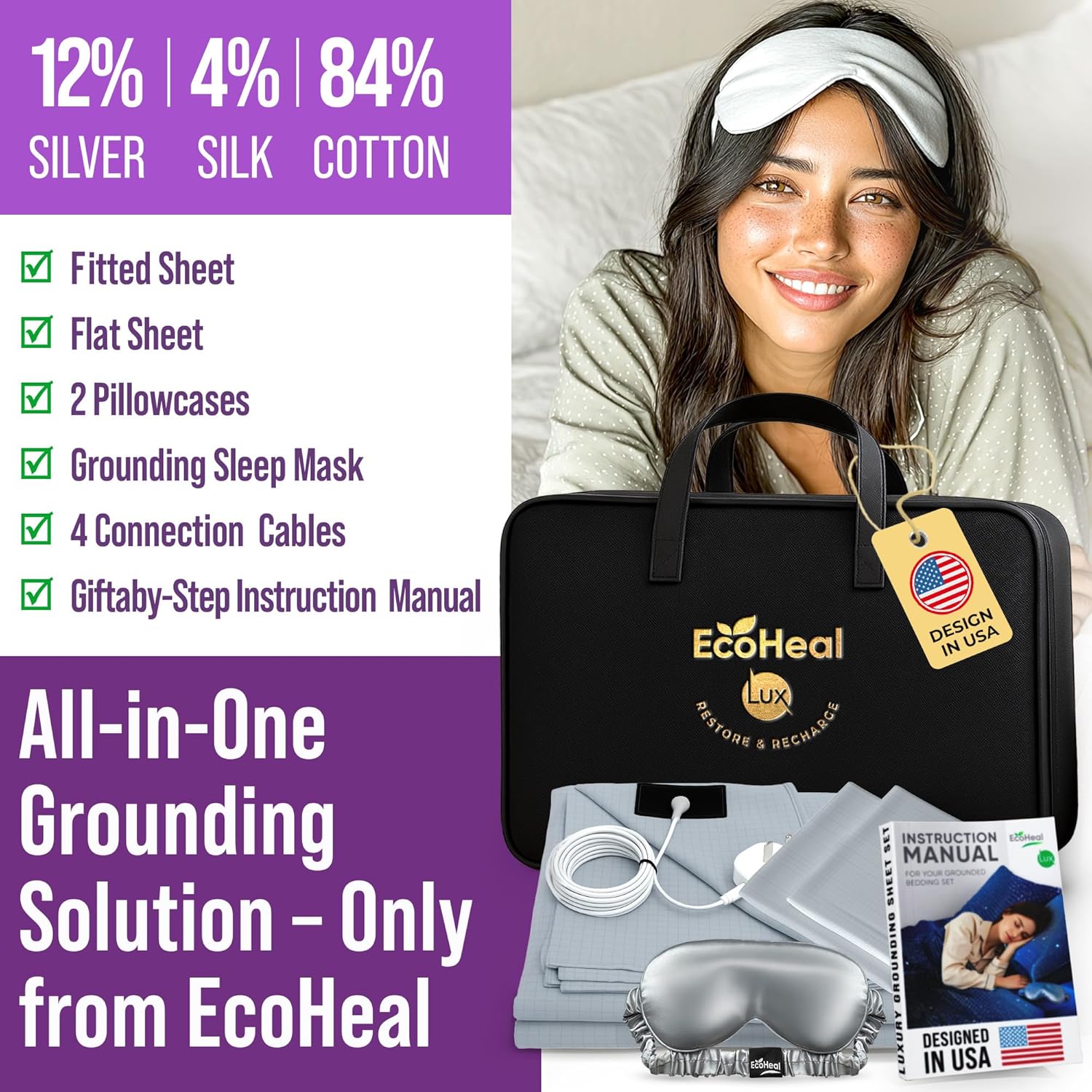 Grounding Sheet Set - Queen Size, Cloud Gray Fitted & Flat Sheets with Pillowcases - 12% Silver Fiber, 4% Silk, 84% Cotton - Quality Certified Conductive Bed Grounding Kit for Better Sleep