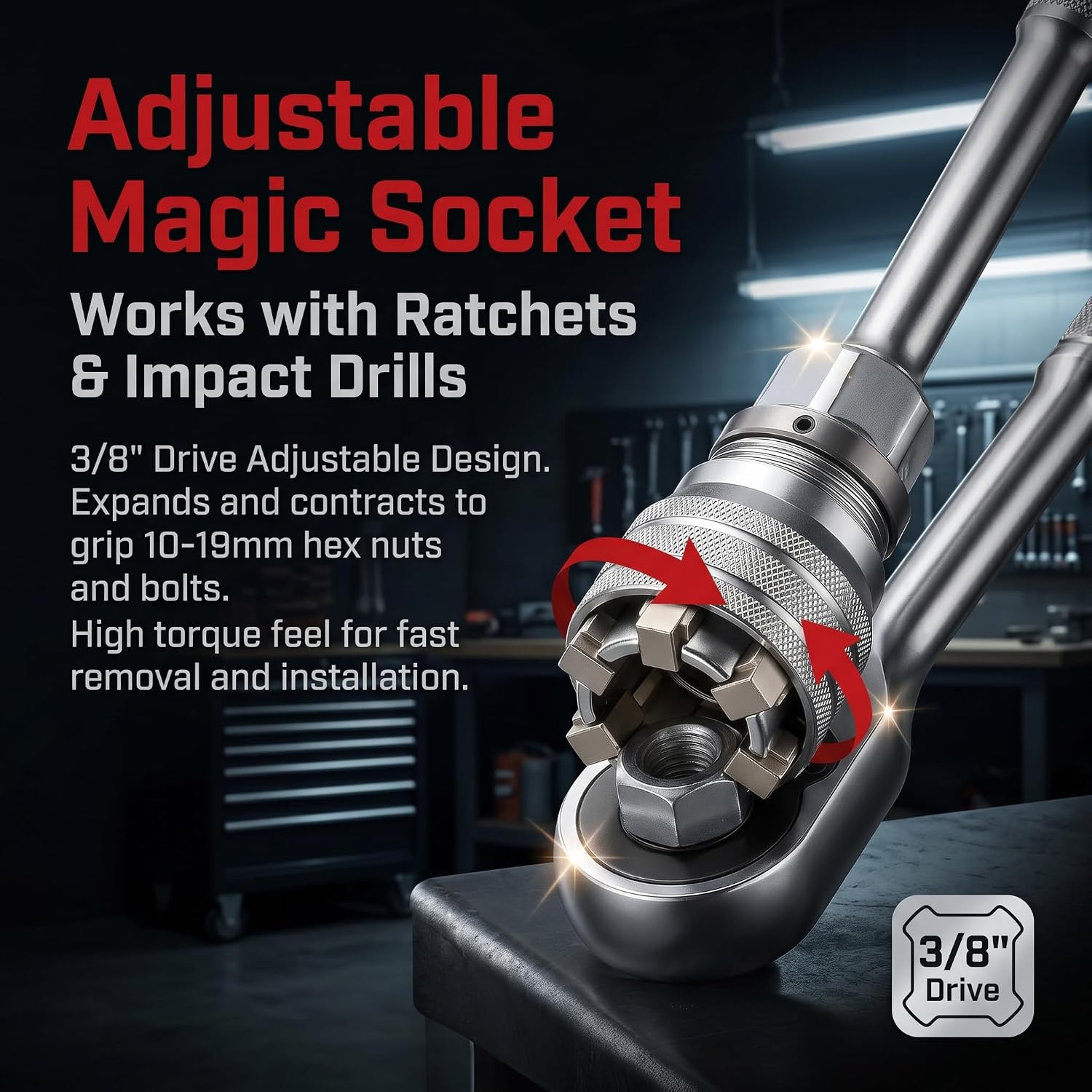 Upgraded Adjustable Universal Socket Wrench, 10-19mm Multi-Functional Socket Tools, Fits 3/8" Drive Ratchet, Torque Wrench & Power Drill, One-Hand Operation for Auto Home Repair