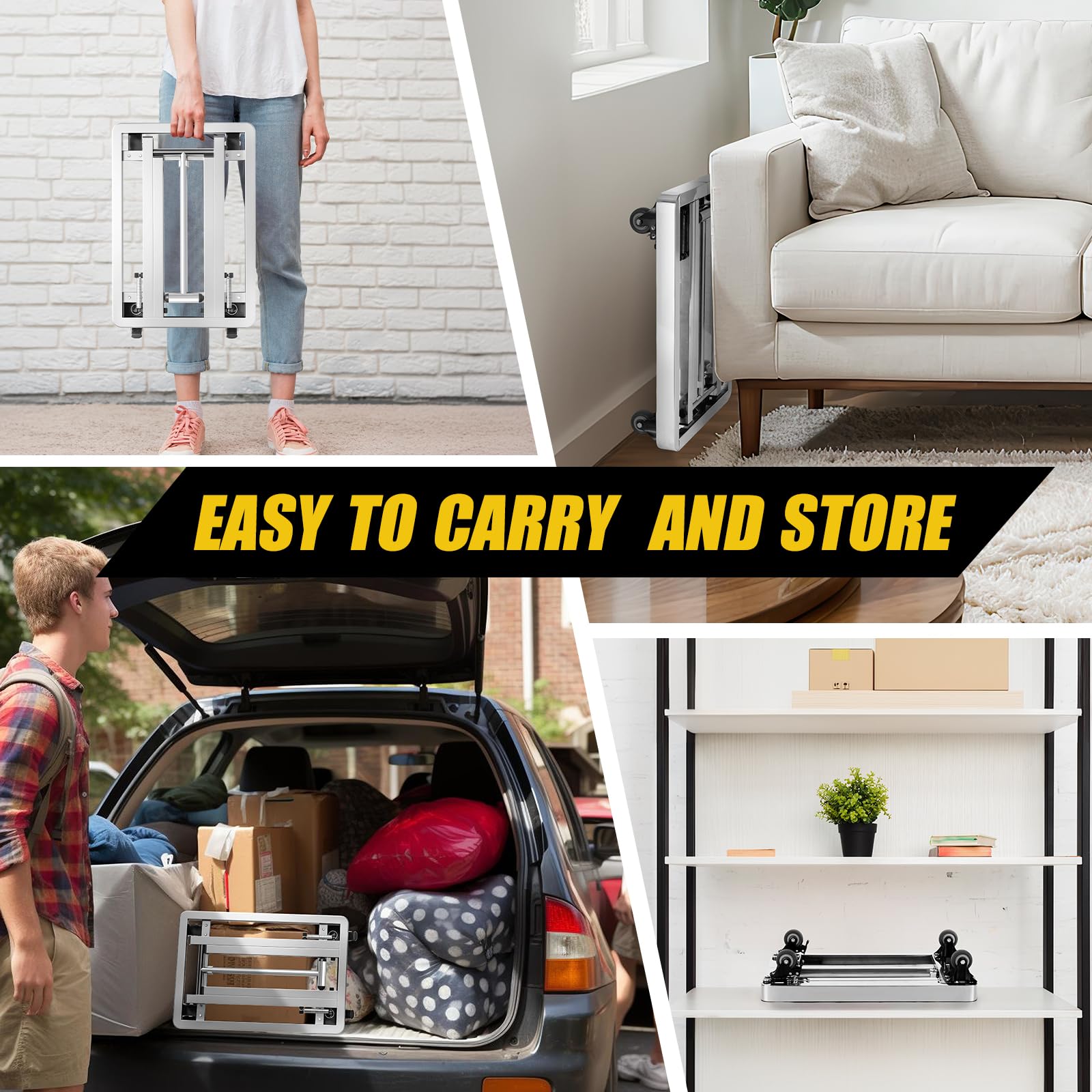Carrello pieghevole in acciaio inox, con maniglia regolabile, con 4 ruote e 2 cinghie di ancoraggio per traslochi, viaggi, shopping, uso in ufficio, giardinaggio, carrello per bagagli